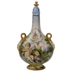Antique Ginori Istoriato Style Italian Maiolica Pottery Pilgrim Flask & Stopper
