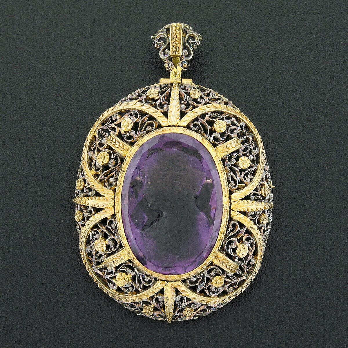You are looking at an incredible antique pin/brooch pendant that was crafted in Italy from solid 14k yellow gold and designed by Giovanni Apa. It features a beautiful, hand carved, oval amethyst cameo that is neatly bezel set at the center of a