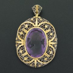 Antique Giovanni Apa 14K Gold Hand Carved Amethyst Cameo Detailed Brooch Pendant