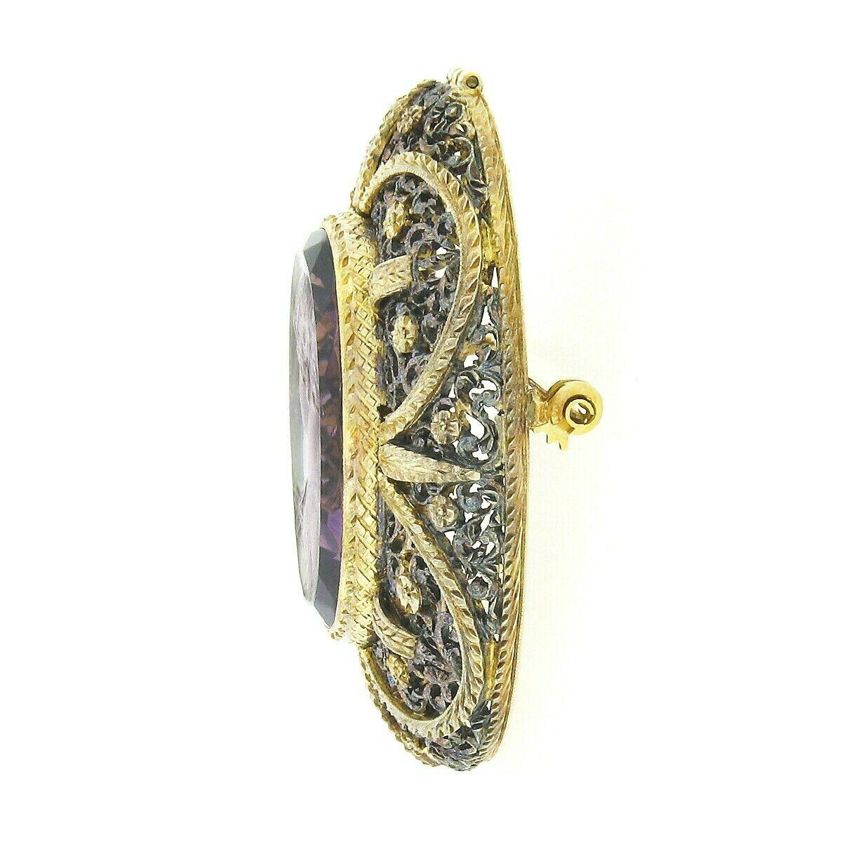 Oval Cut Antique Giovanni Apa 14K Gold Hand Carved Amethyst Cameo Detailed Brooch Pendant For Sale