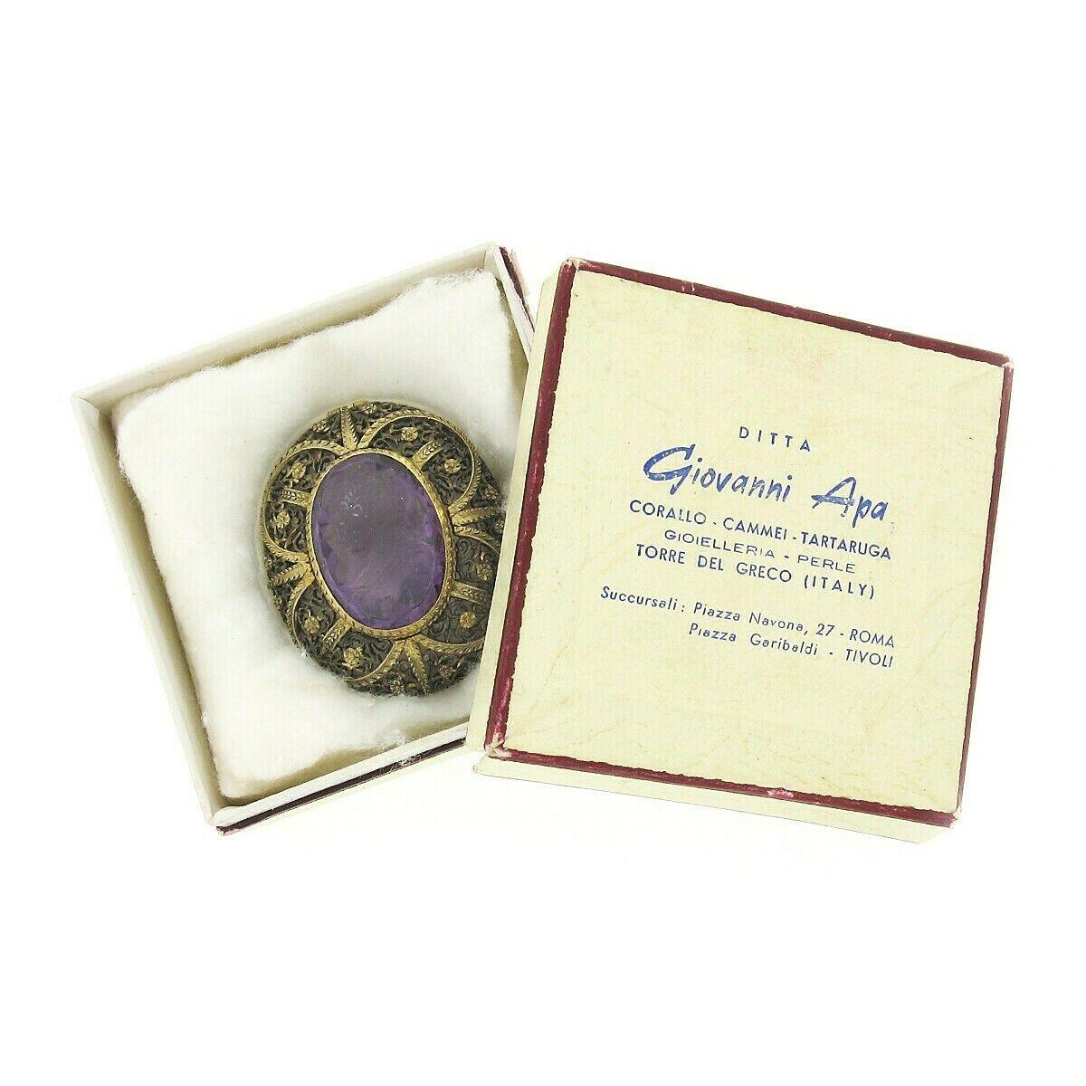 Women's or Men's Antique Giovanni Apa 14K Gold Hand Carved Amethyst Cameo Detailed Brooch Pendant For Sale