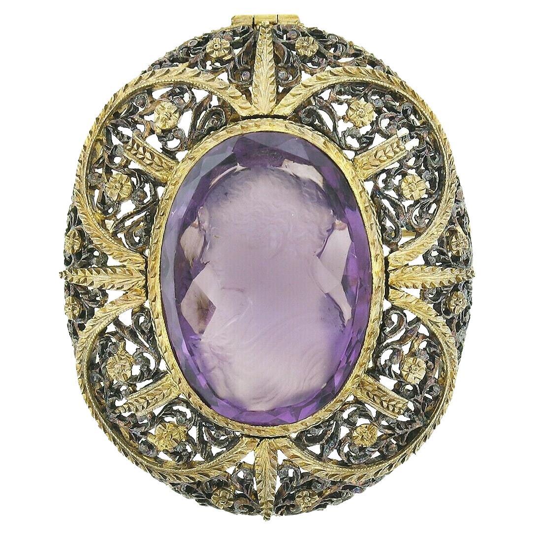 Antique Giovanni Apa 14K Gold Hand Carved Amethyst Cameo Detailed Brooch Pendant For Sale