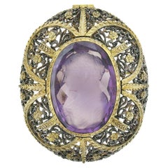 Antique Giovanni Apa 14K Gold Hand Carved Amethyst Cameo Detailed Brooch Pendant