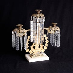 Antique Girandole Crystal and Gilt Metal Lyre Form Candelabra, c1890