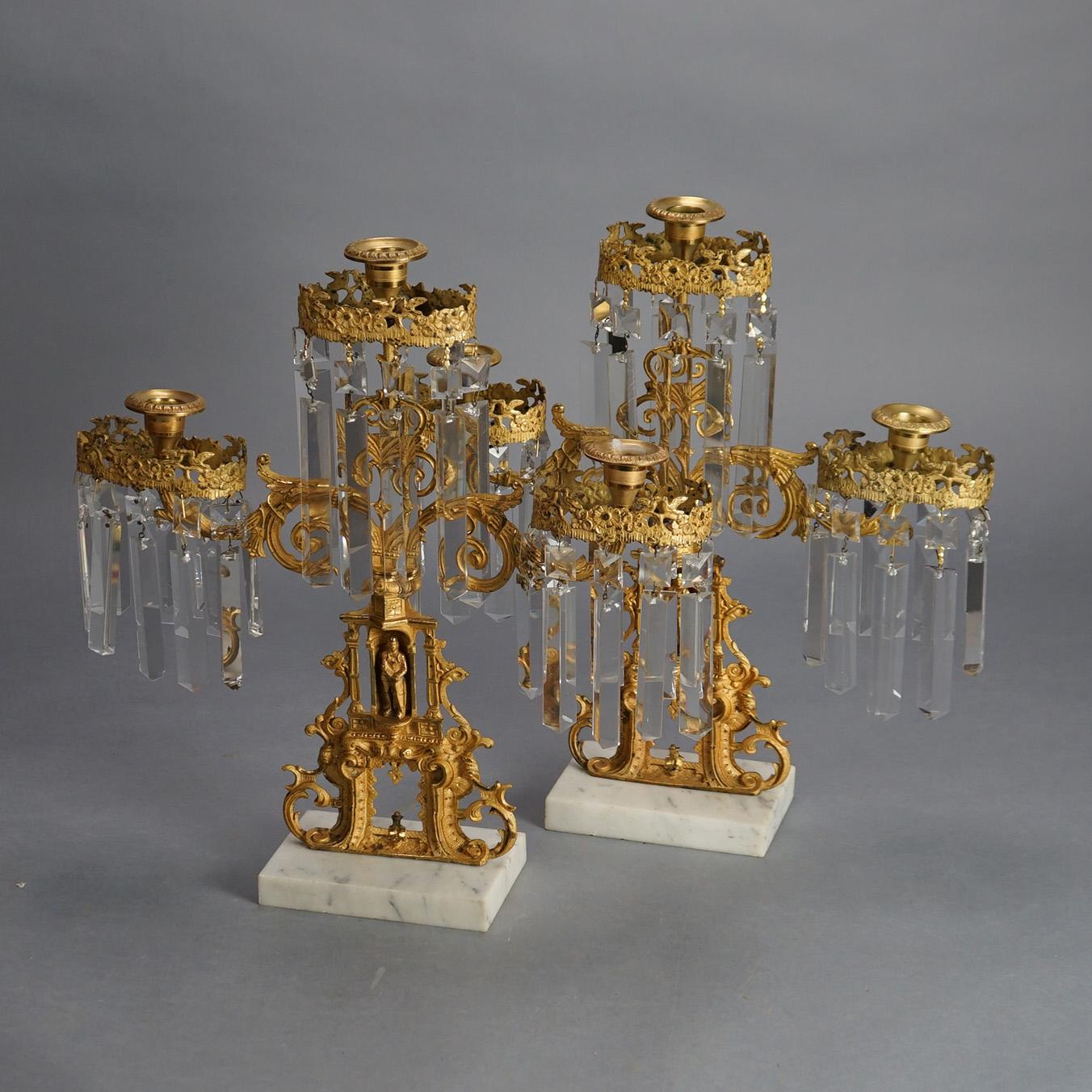 Cast Antique Ivanhoe Girandole, Gothic Revival Gilt Bronze Figural Candelabra c1850 For Sale