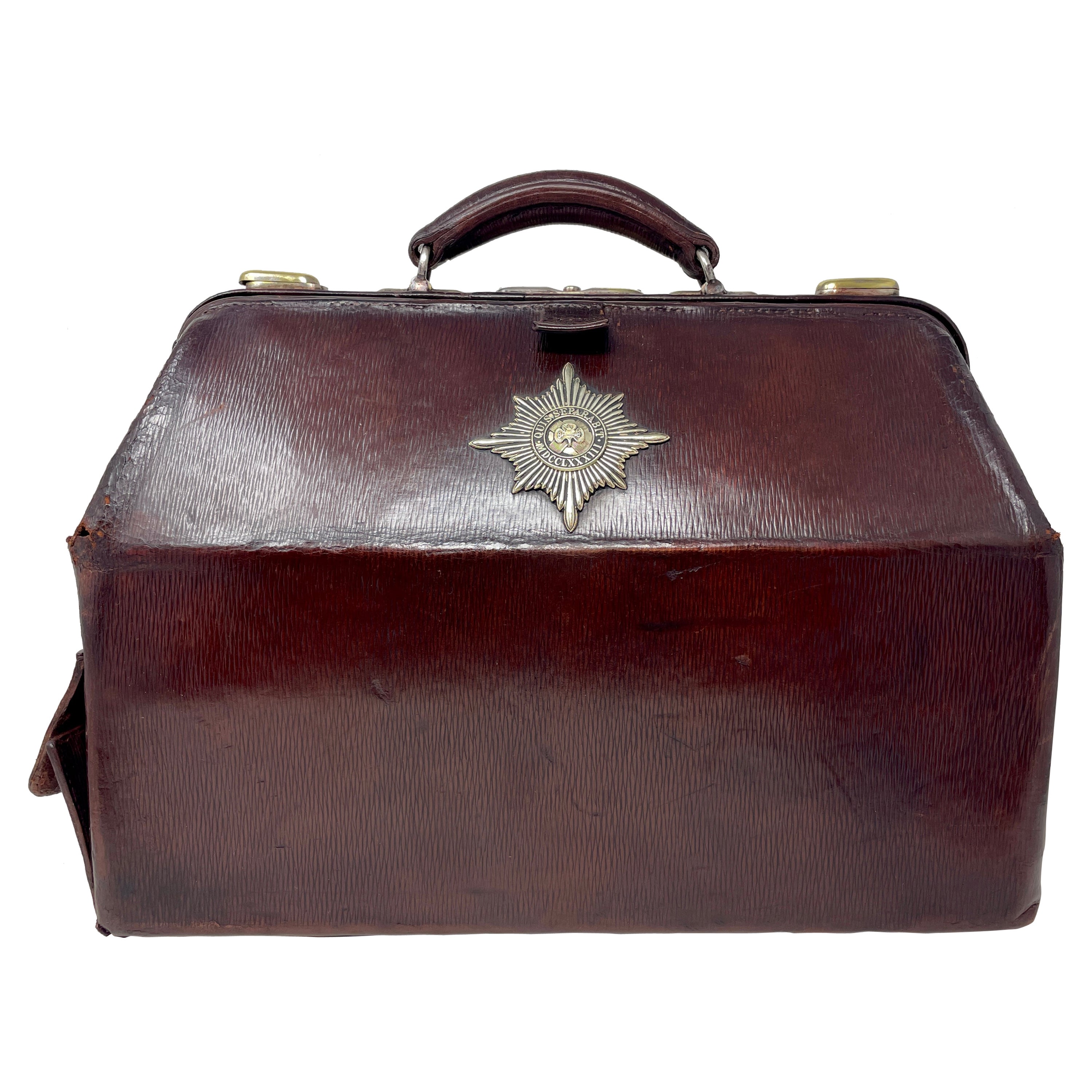 Antique Gladstone Leather "Who Shall Separate Us" Badge Military Satchel Ca 1900