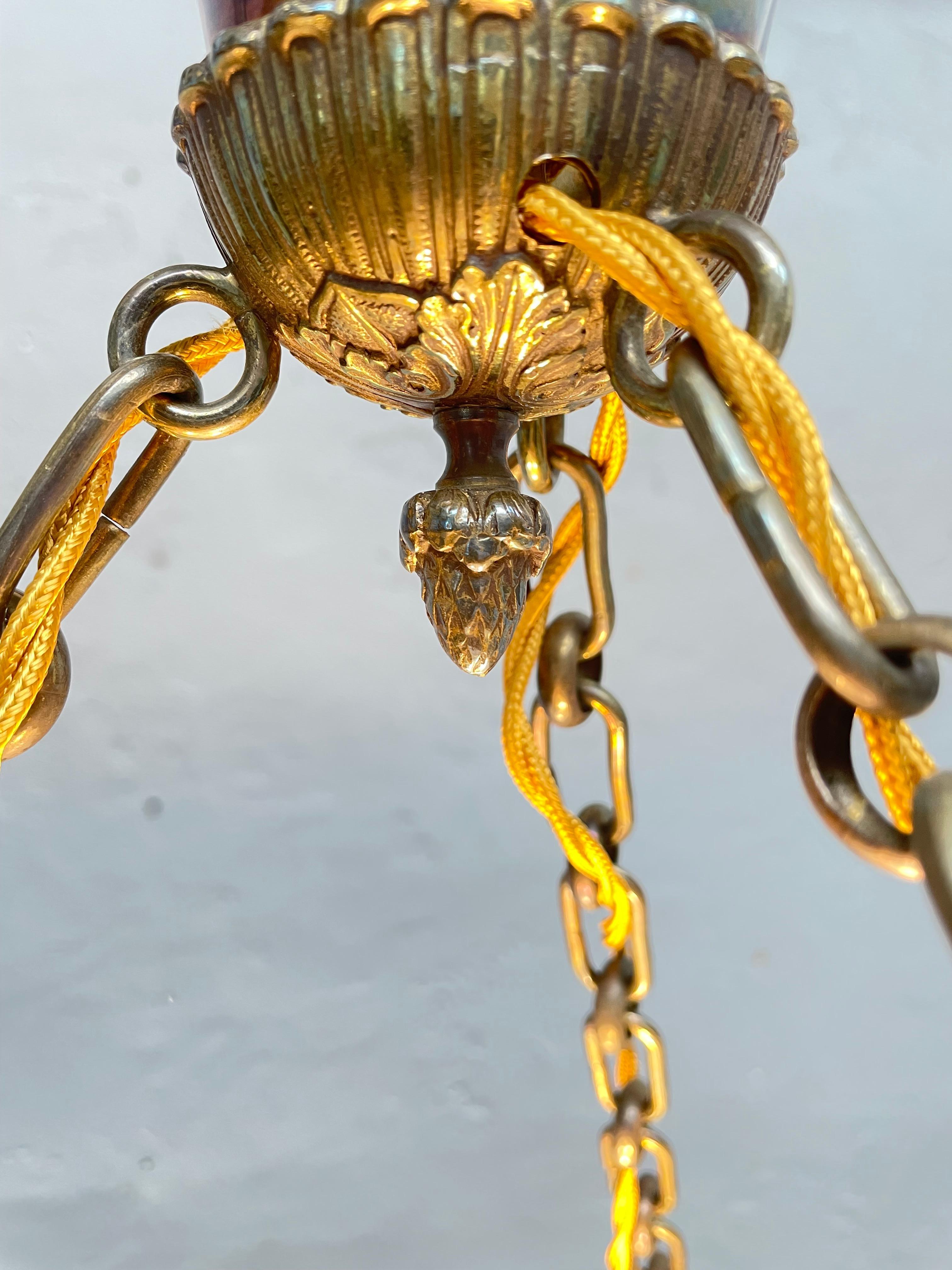 Brass Antique Glass Alabaster Plafonnier Chandelier For Sale