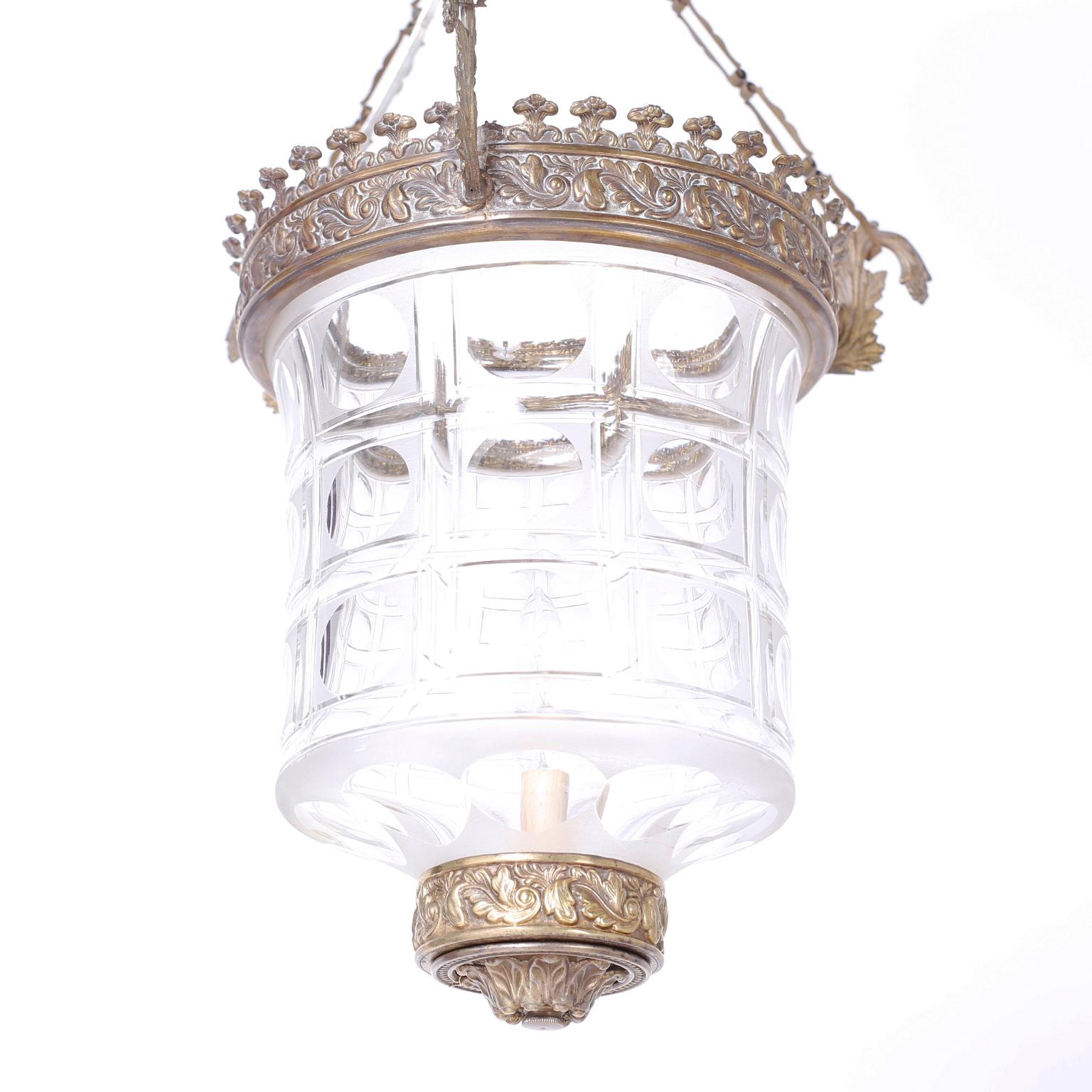 British Colonial Antique Glass and Brass Pendant For Sale