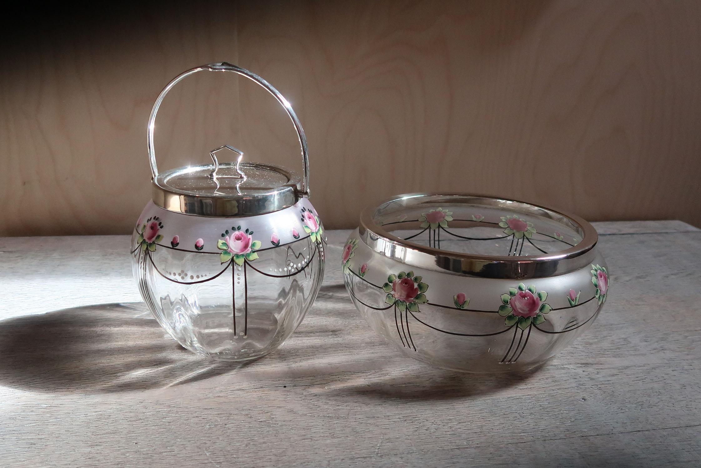 Antique Glass and Enamel Rose Decorated Biscuit Barrel In Good Condition In St Annes, Lancashire