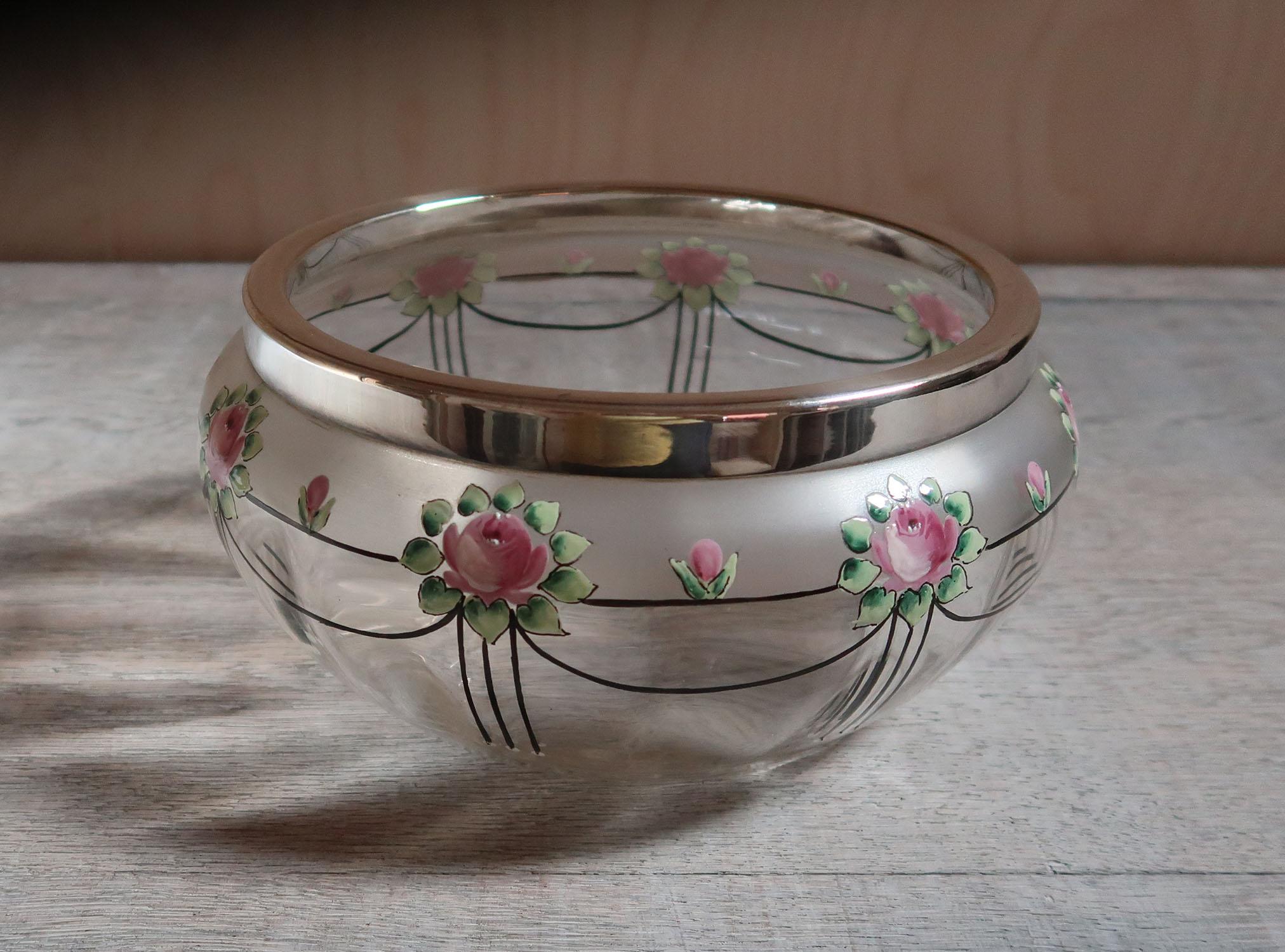 English Antique Glass and Enamel Rose Decorated Salad Bowl For Sale