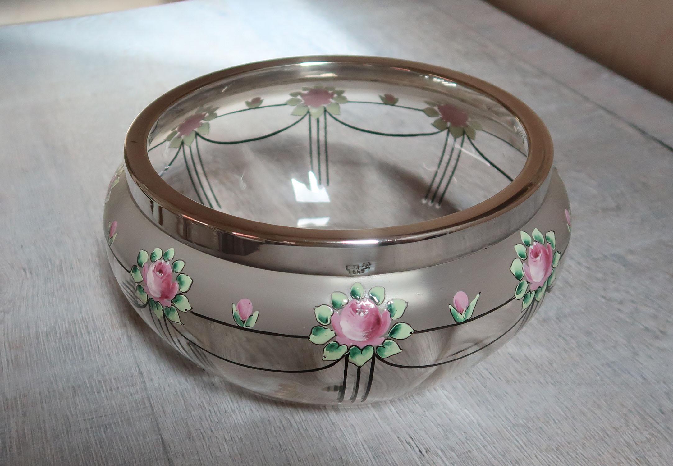Other Antique Glass and Enamel Rose Decorated Salad Bowl For Sale