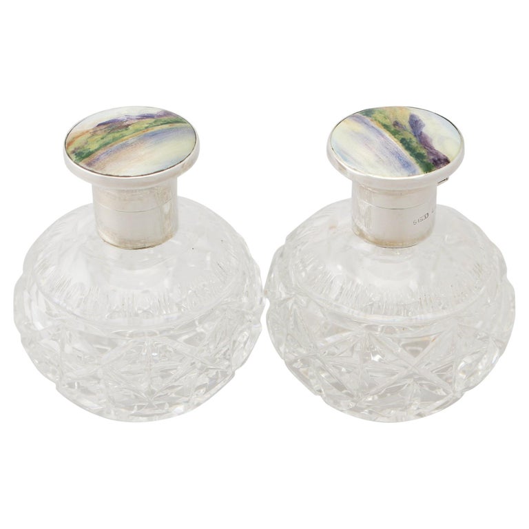Antique Glass and English Sterling Silver and Enamel Scent Bottles For Sale