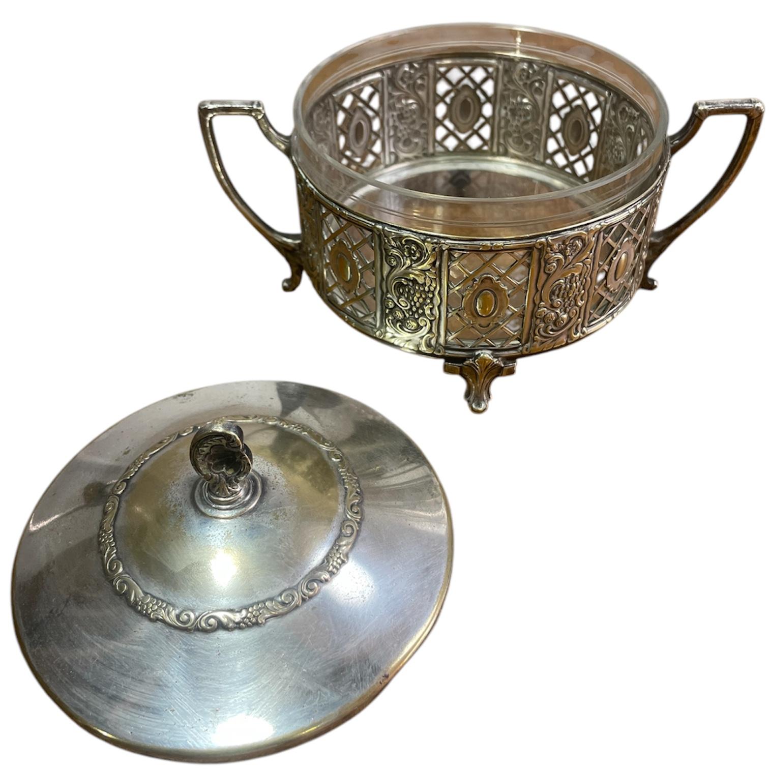 Tedesco Antique Glass and metal candy dish with lid, German by WMF in vendita