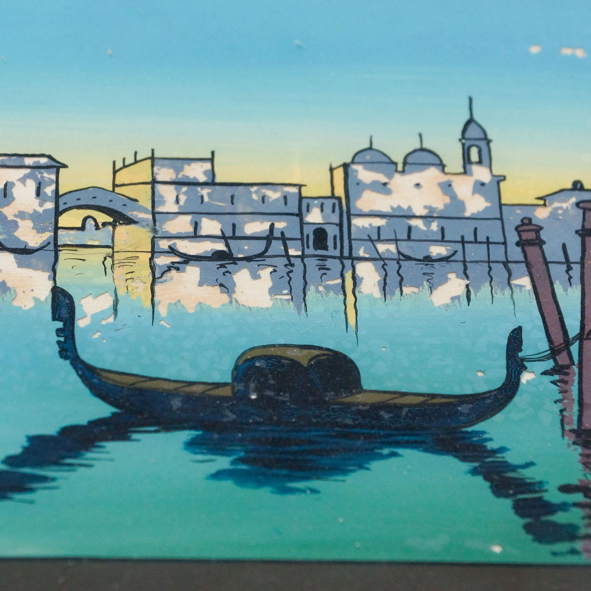 Antique Glass and Wood Tray with Venice Landscape, circa 1930 3