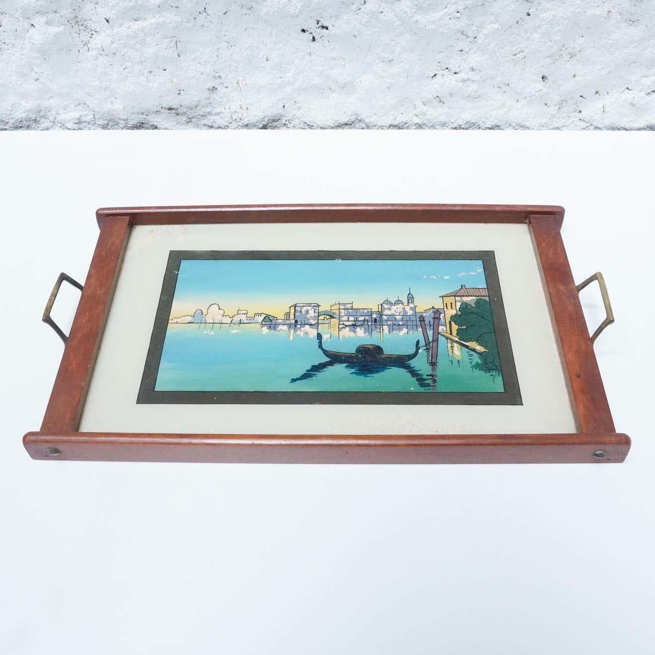 Antique glass and wood tray with Venice Landscape, circa 1930. By unknown manufacturer from Europe.  In original condition, with some visible signs of previous use and age, preserving a beautiful patina.  Materials: Wood Glass Metal  Dimensions: D