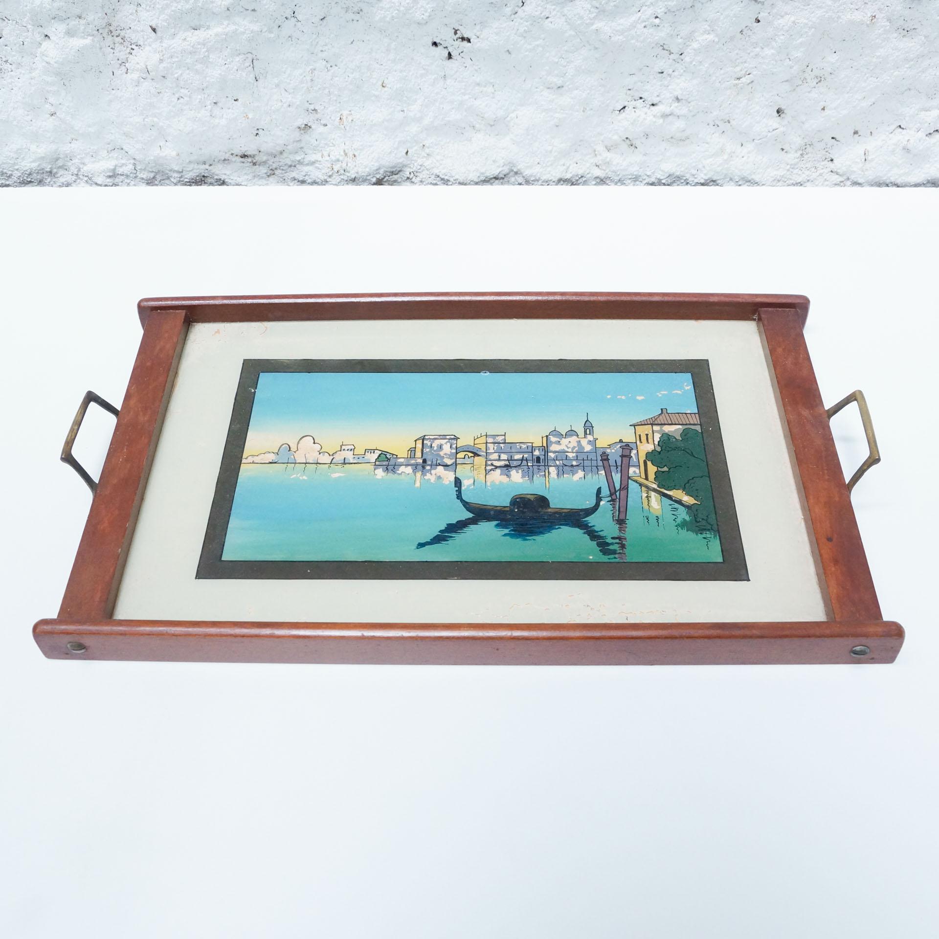 Antique glass and wood tray with Venice Landscape, circa 1930.
By unknown manufacturer from Europe.

In original condition, with some visible signs of previous use and age, preserving a beautiful