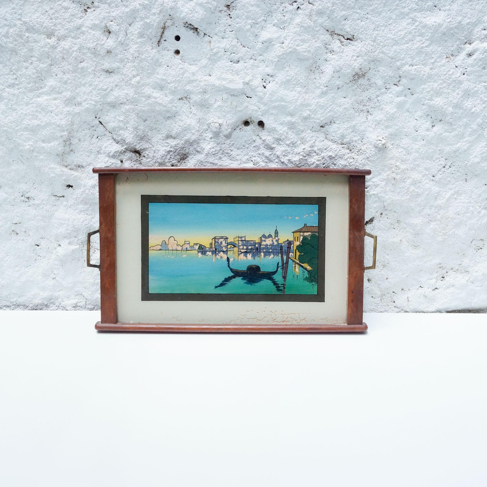 Mid-Century Modern Antique Glass and Wood Tray with Venice Landscape, circa 1930