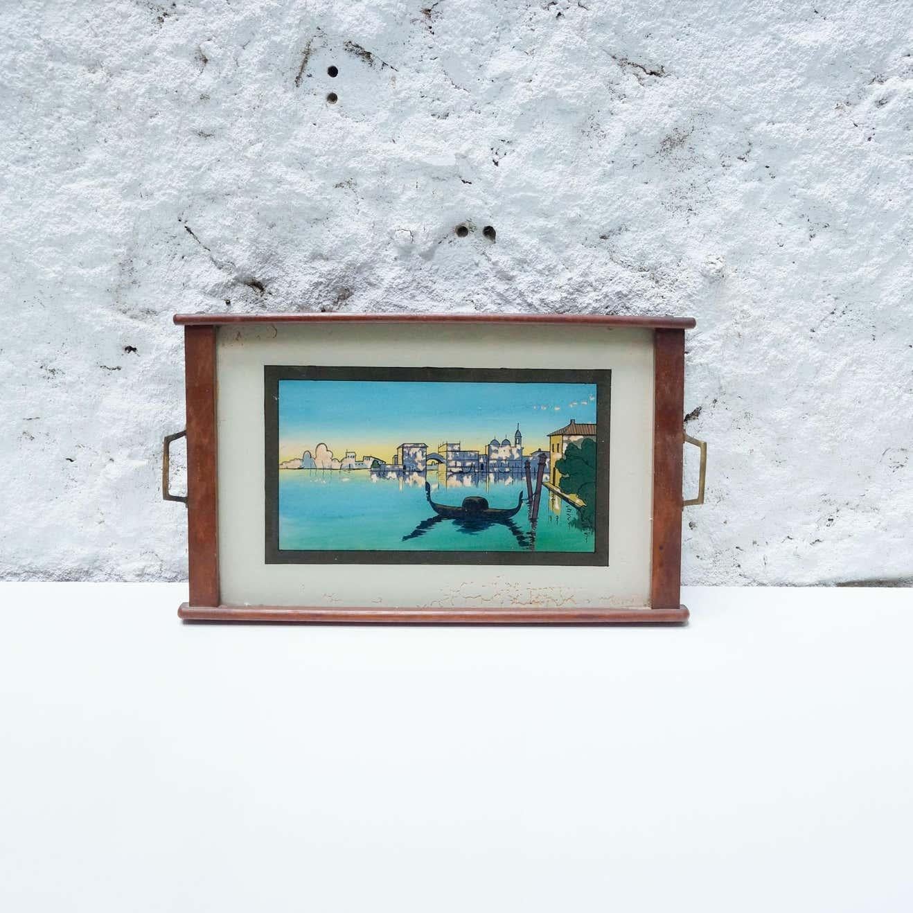 Mid-Century Modern Antique Glass and Wood Tray with Venice Landscape, circa 1930 For Sale