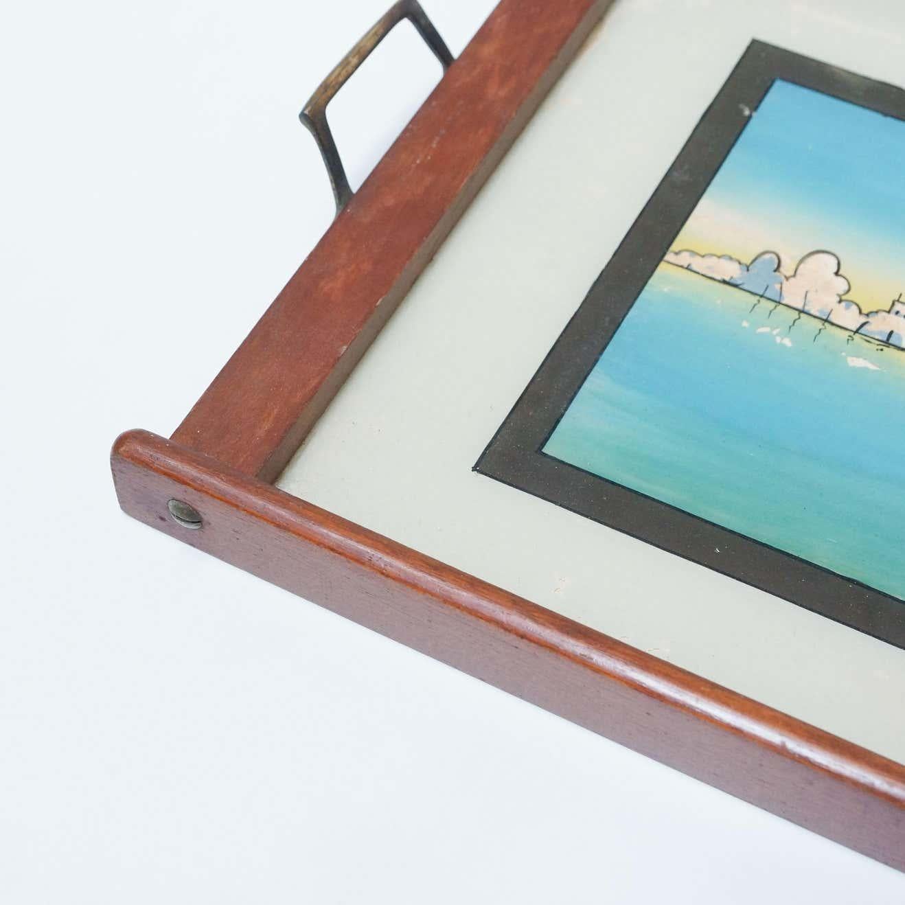 Spanish Antique Glass and Wood Tray with Venice Landscape, circa 1930 For Sale