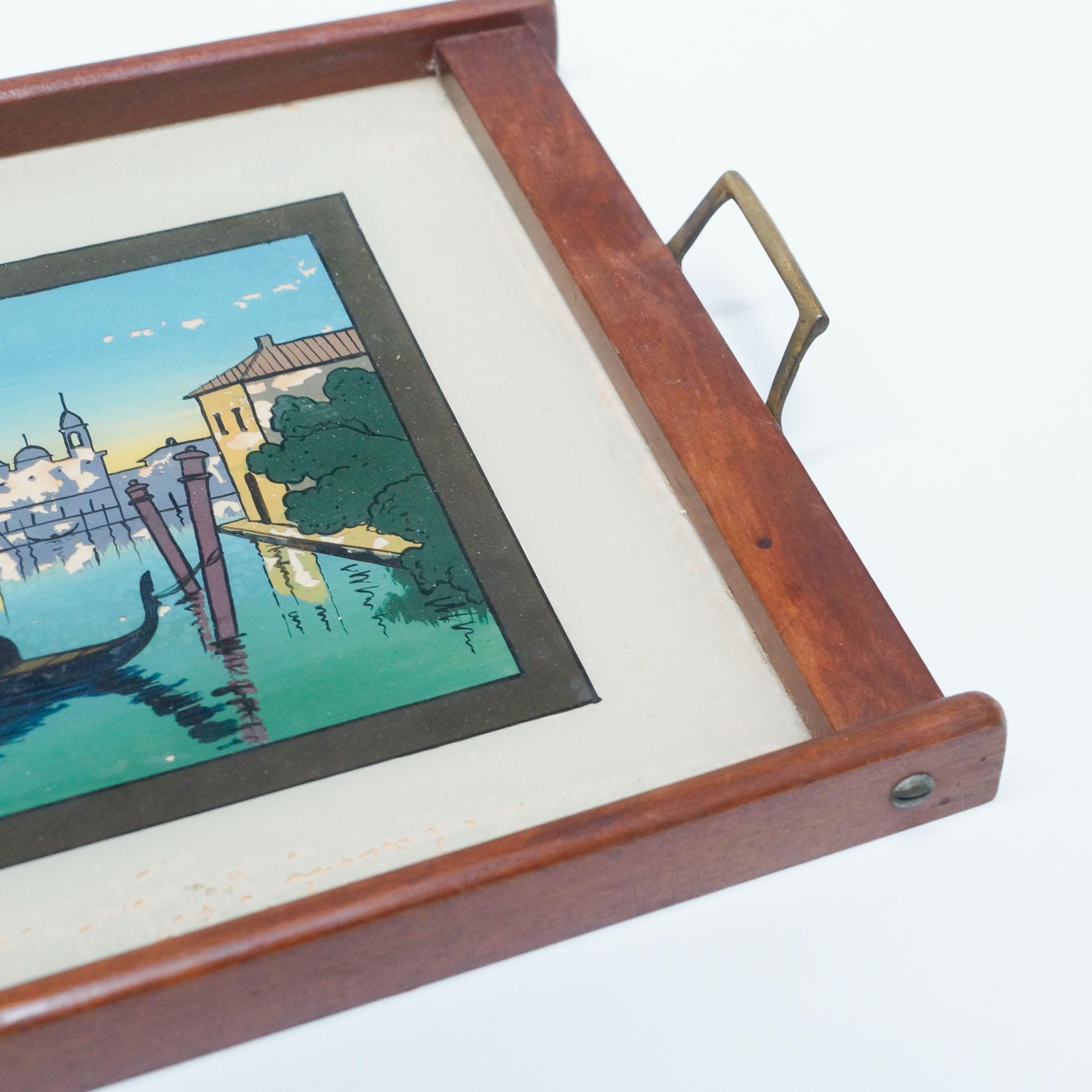 Antique Glass and Wood Tray with Venice Landscape, circa 1930 In Good Condition In Barcelona, Barcelona