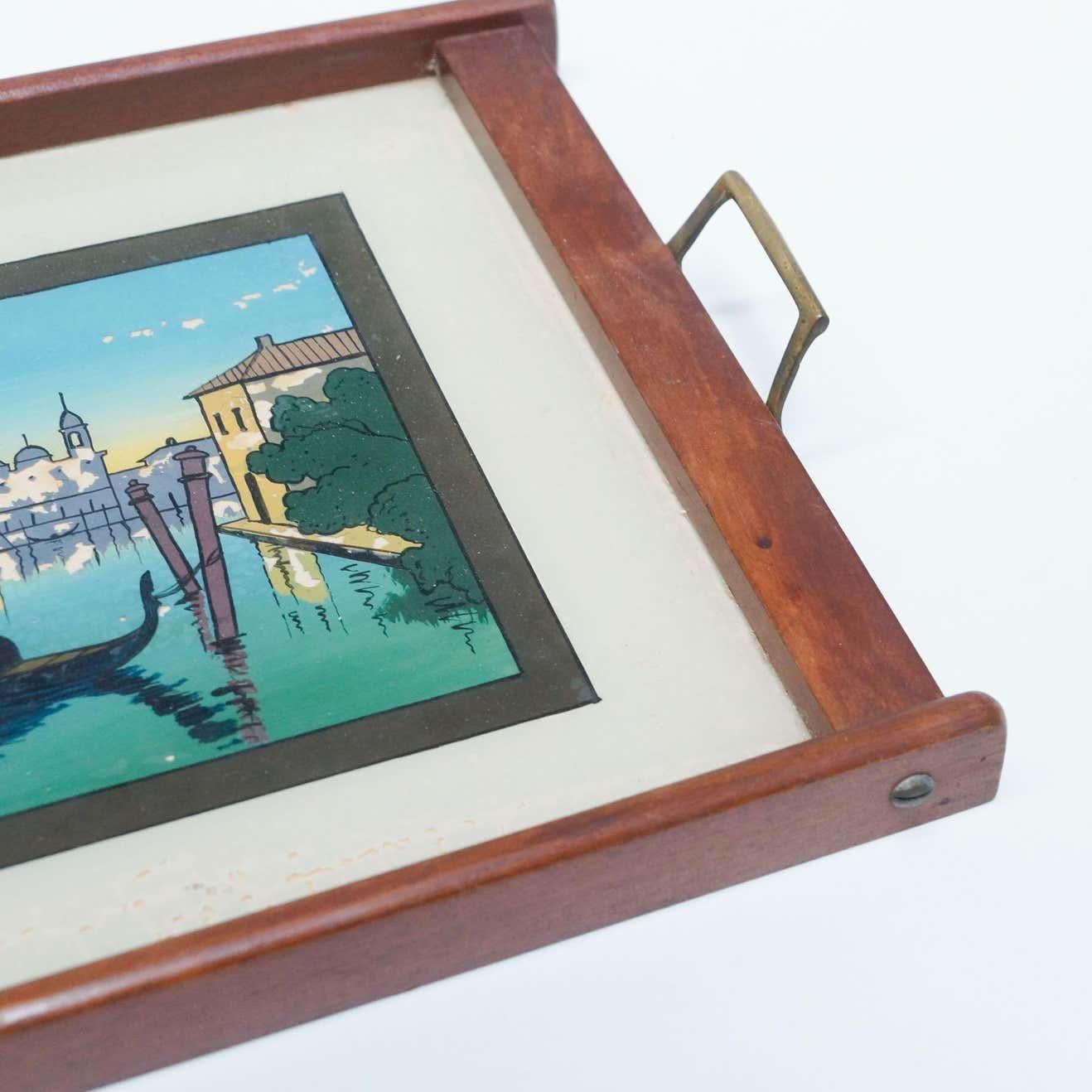 Antique Glass and Wood Tray with Venice Landscape, circa 1930 In Good Condition For Sale In Barcelona, Barcelona