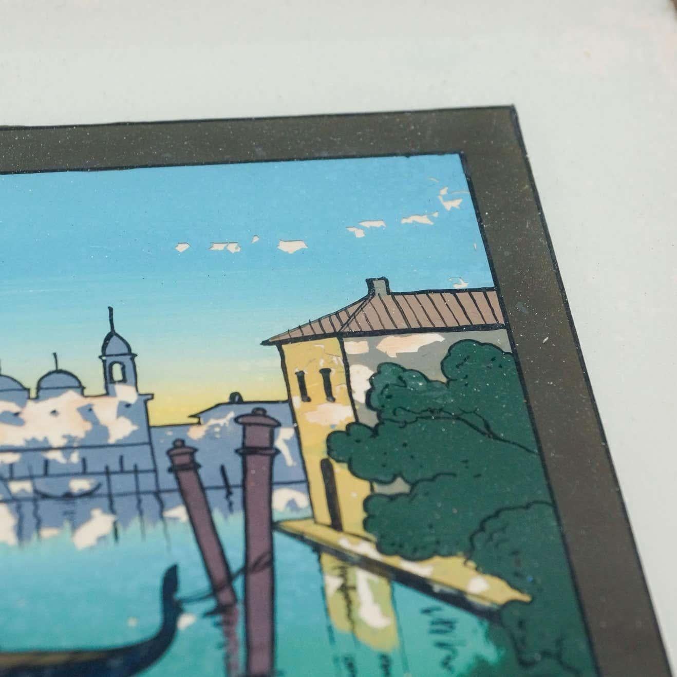 Mid-20th Century Antique Glass and Wood Tray with Venice Landscape, circa 1930 For Sale