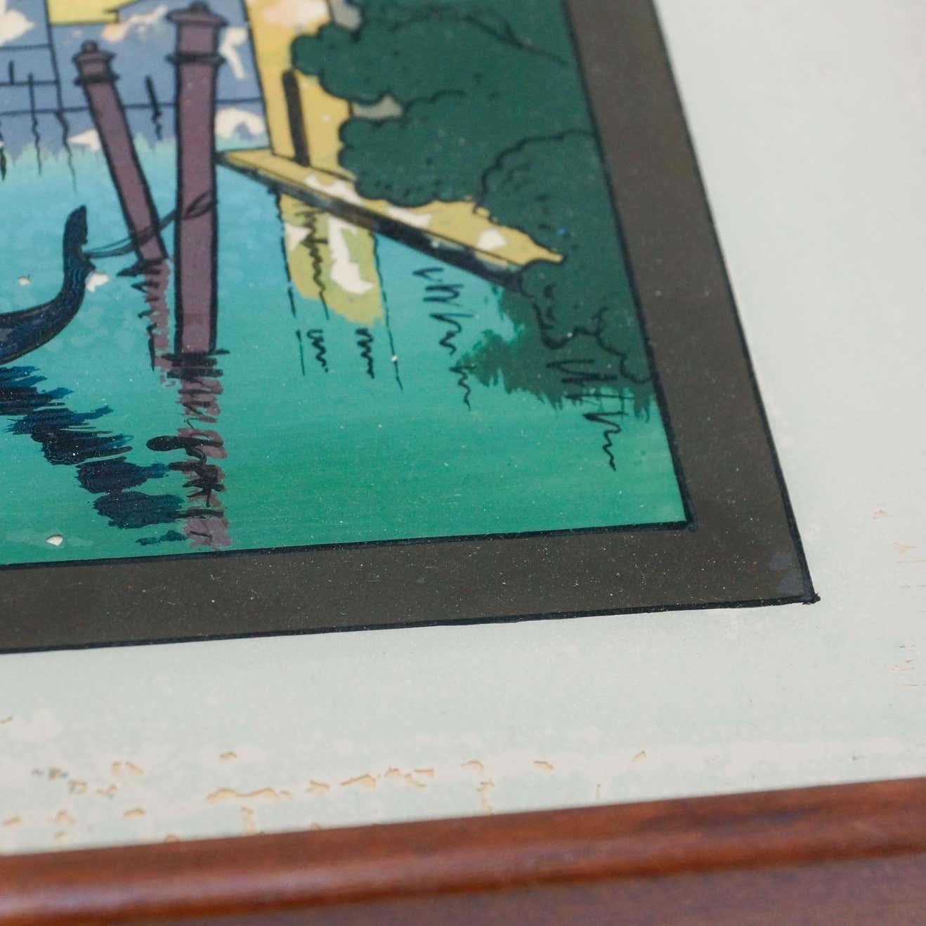 Metal Antique Glass and Wood Tray with Venice Landscape, circa 1930 For Sale