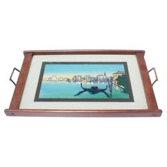 Antique Glass and Wood Tray with Venice Landscape, circa 1930