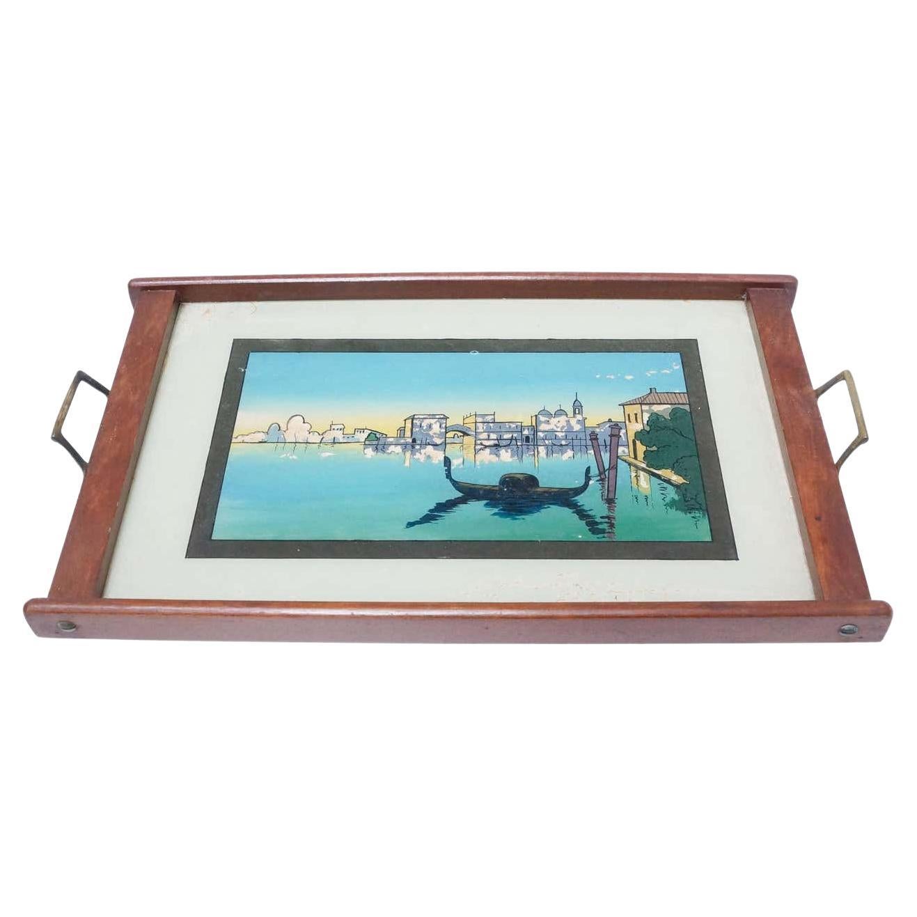 Antique Glass and Wood Tray with Venice Landscape, circa 1930 For Sale
