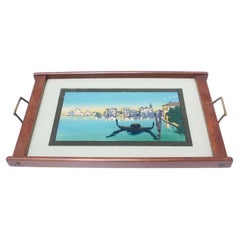 Antikes Tablett aus Glas und Holz mit venezianischer Landschaft, um 1930
