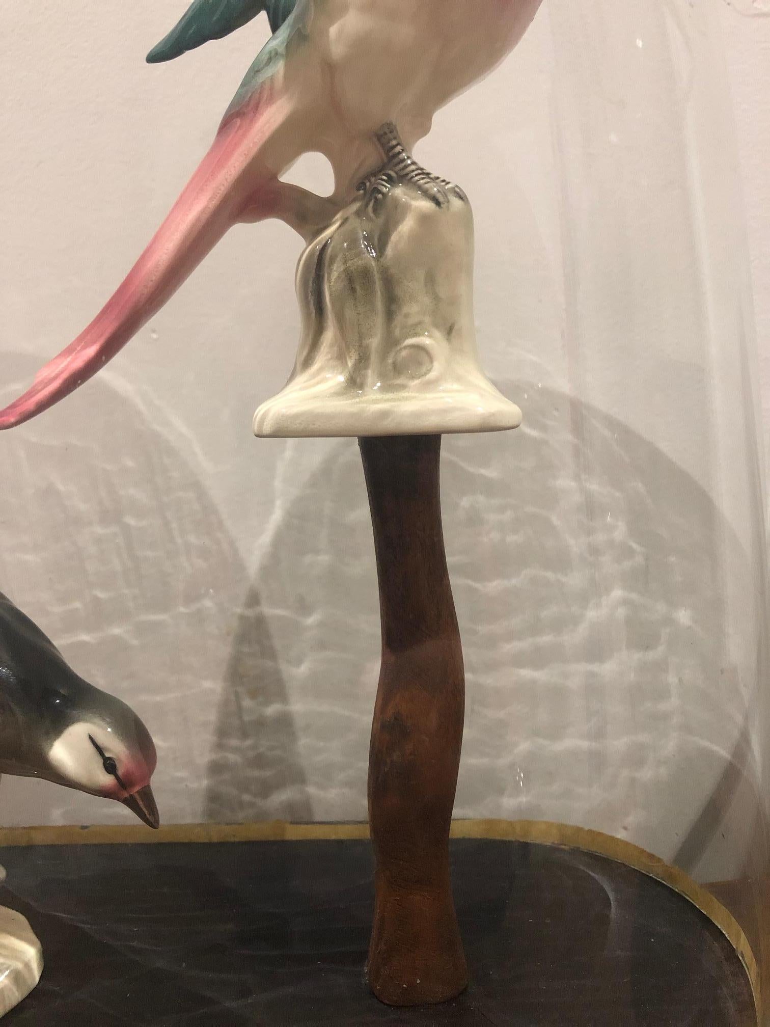 Art Deco Antique Glass Bell with Ceramic Birds For Sale