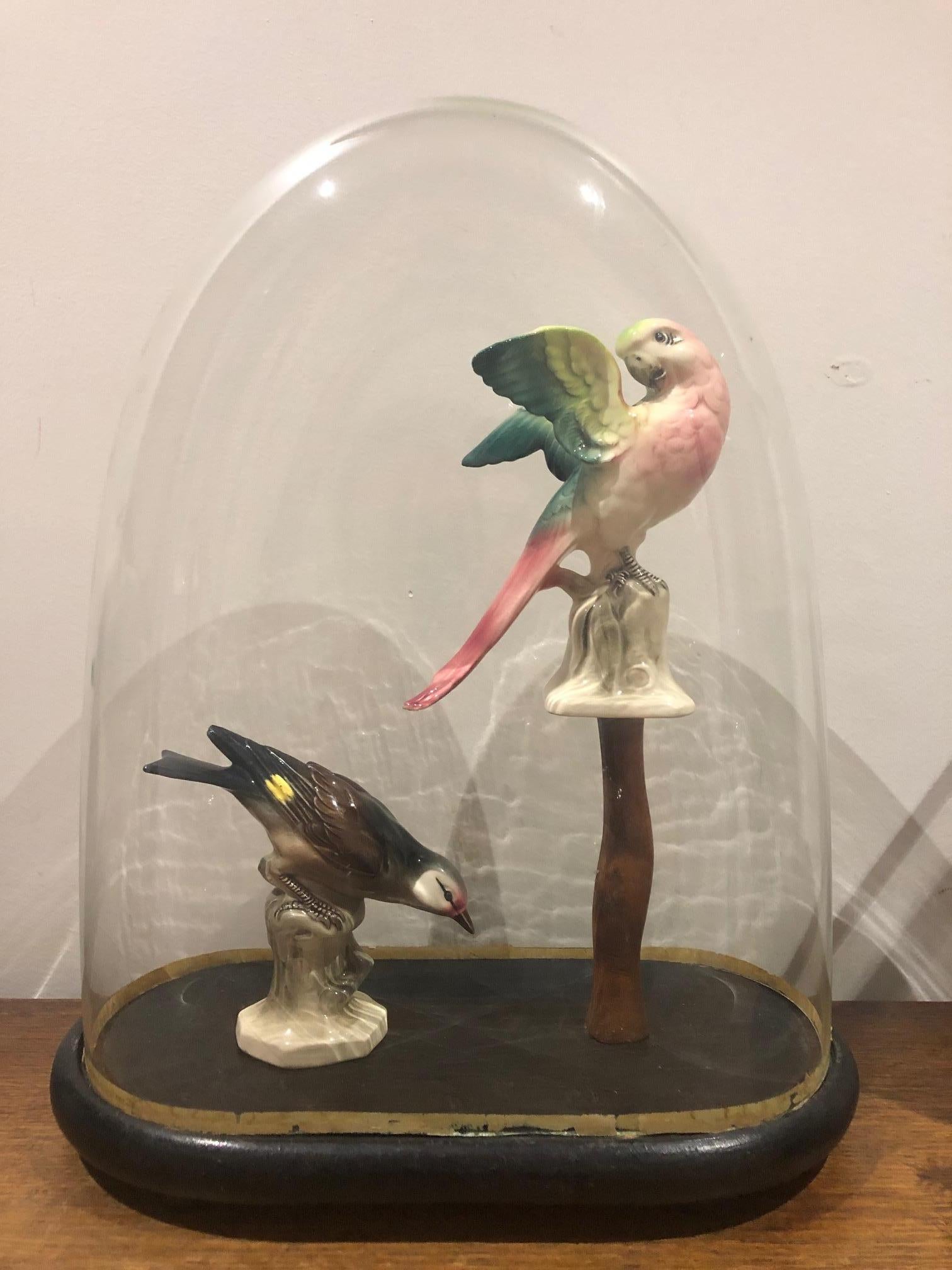 German Antique Glass Bell with Ceramic Birds For Sale