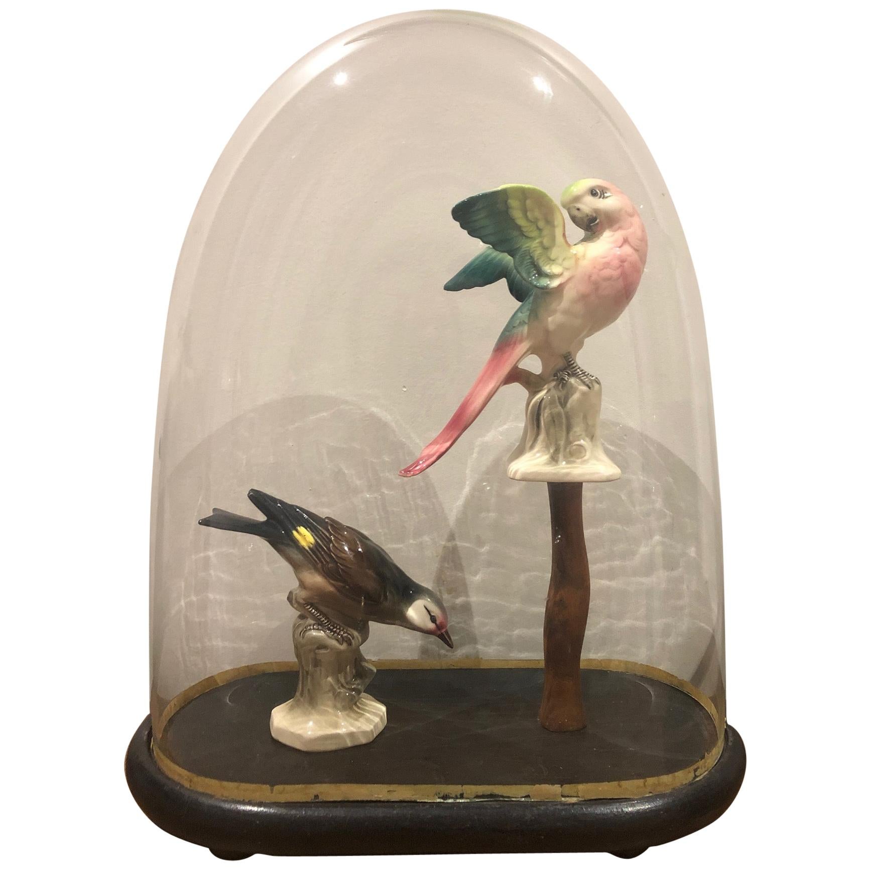 Chandelier en verre ancien avec oiseaux en céramique