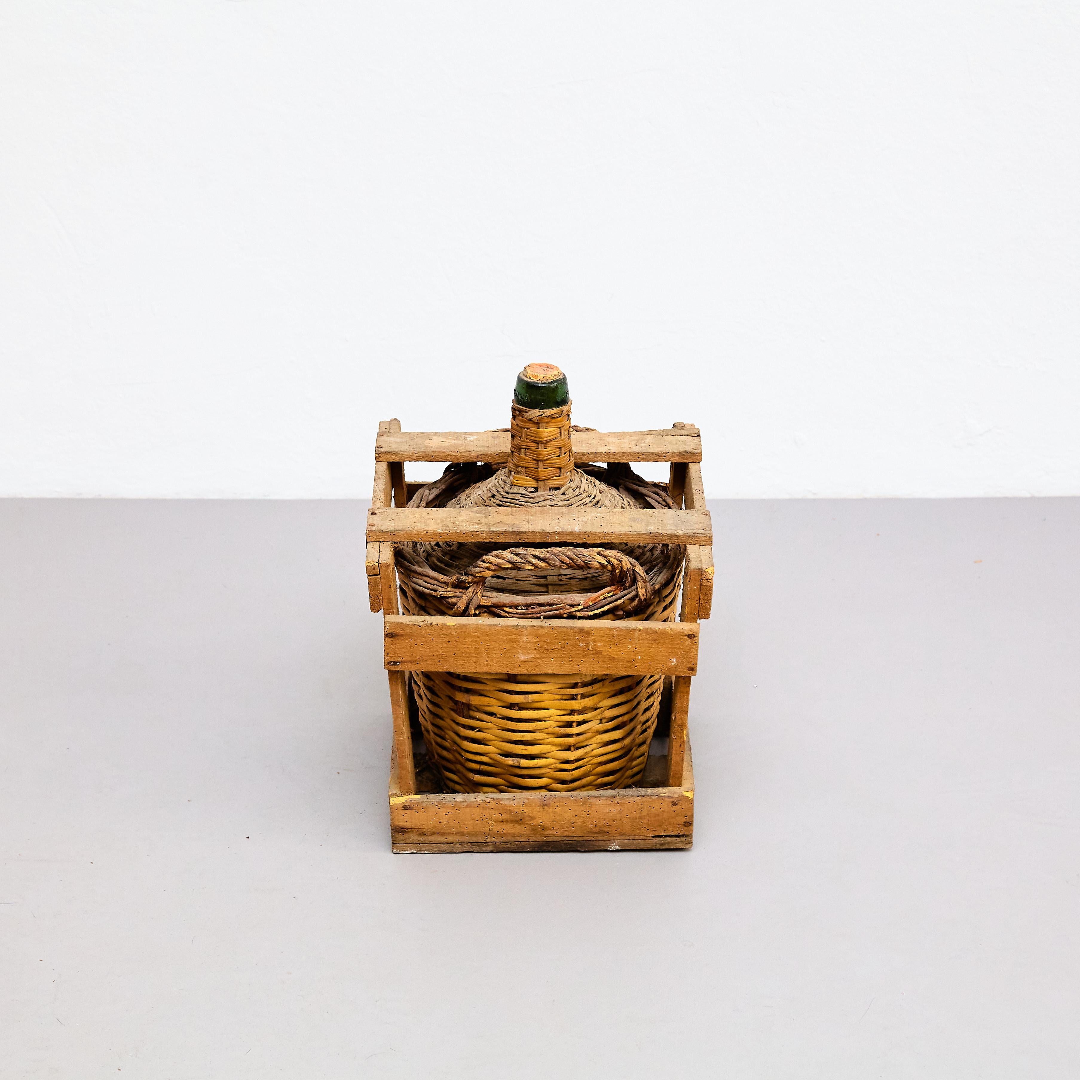 Mid-20th Century Antique Glass Bottle Vase with Wicker Basket, circa 1960 For Sale