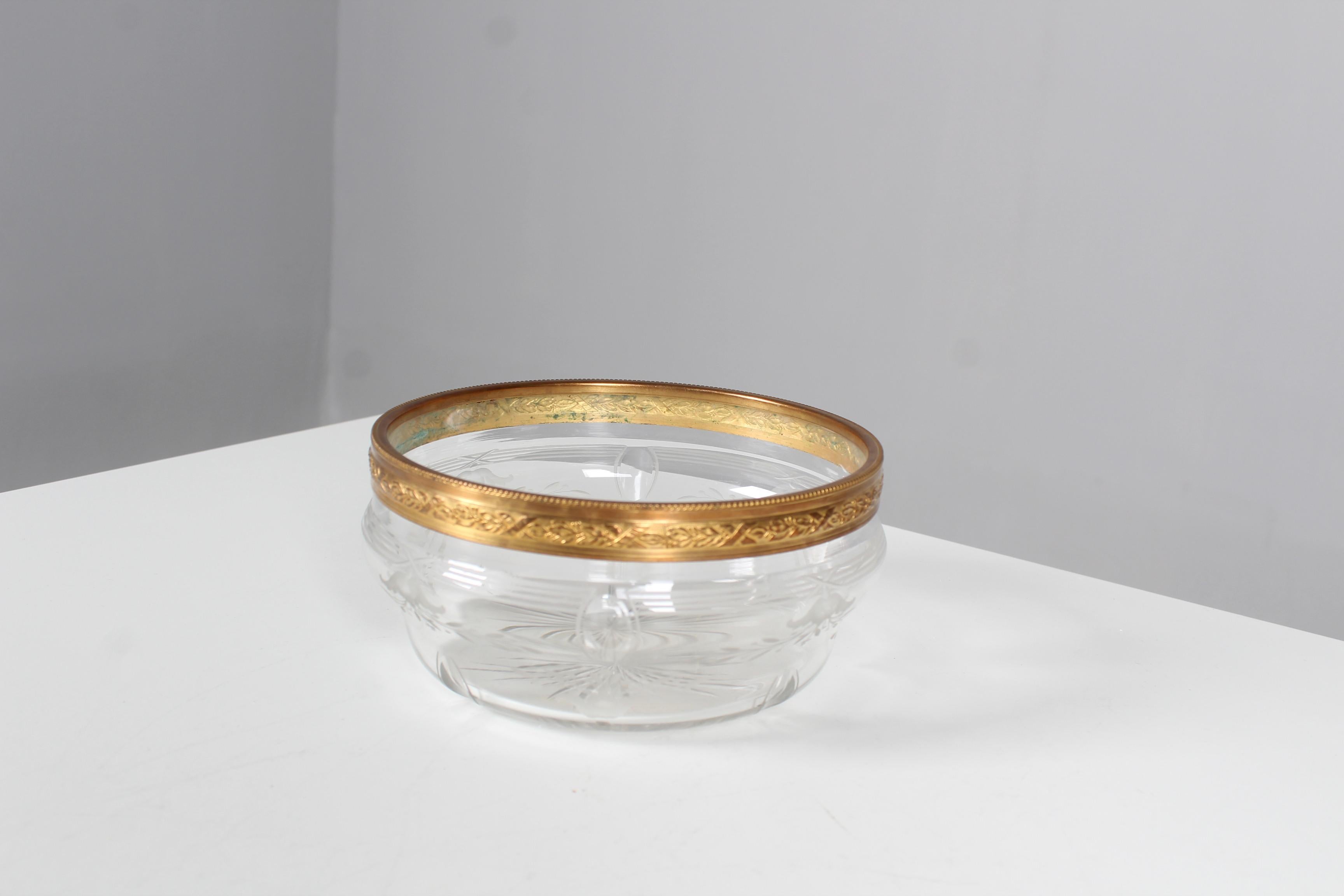 Antique Glass Bowl, France, Circa 1900, Brass And Beveled Glass Serving Bowl For Sale 3