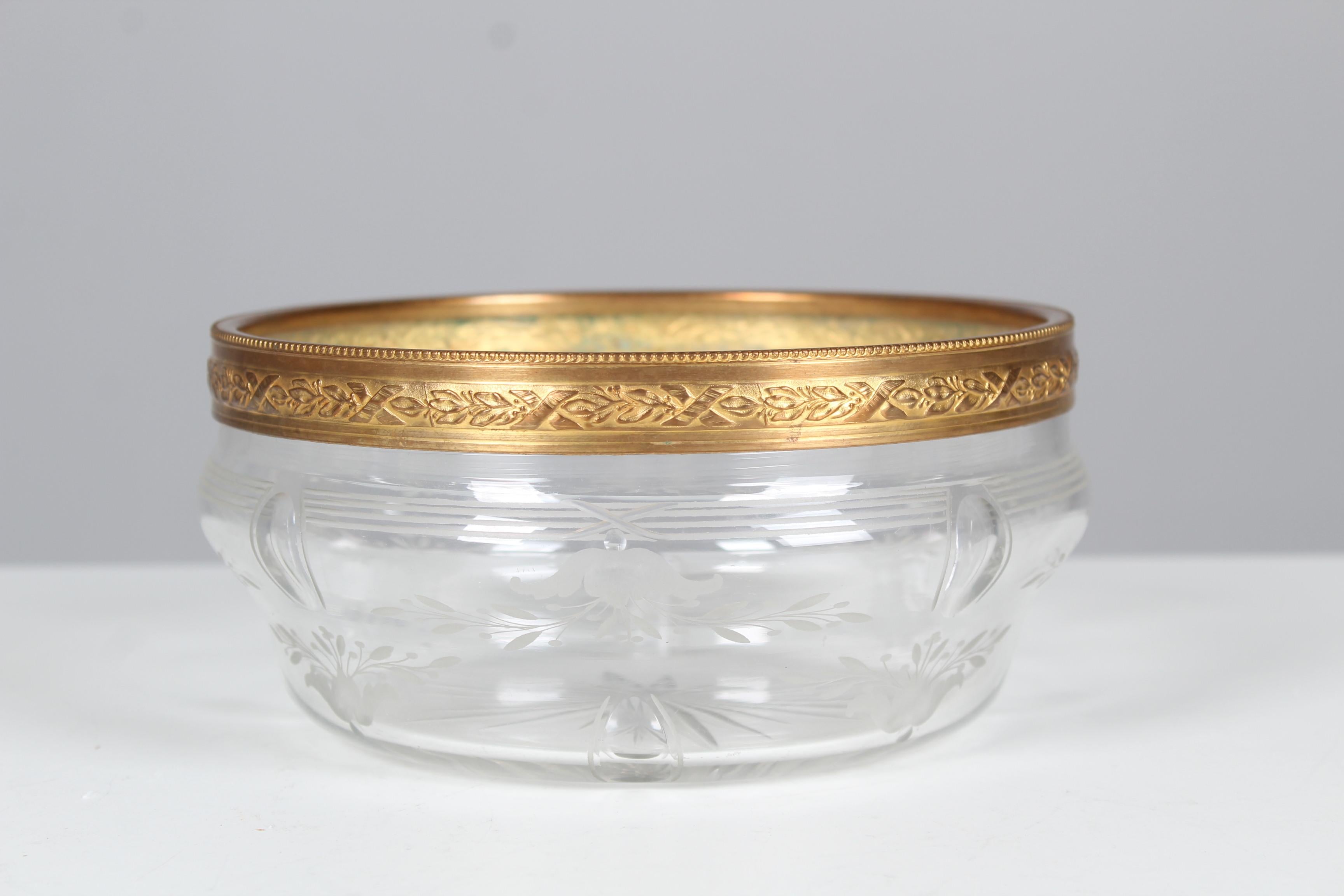 Victorian Antique Glass Bowl, France, Circa 1900, Brass And Beveled Glass Serving Bowl For Sale