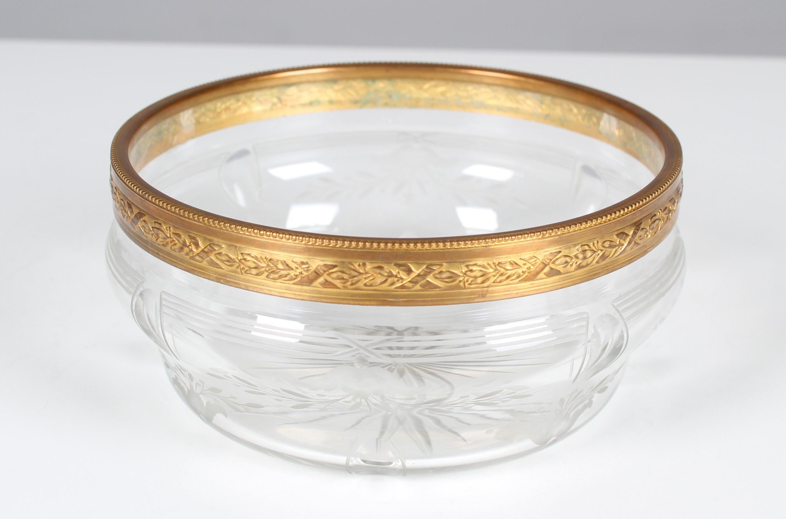 French Antique Glass Bowl, France, Circa 1900, Brass And Beveled Glass Serving Bowl For Sale