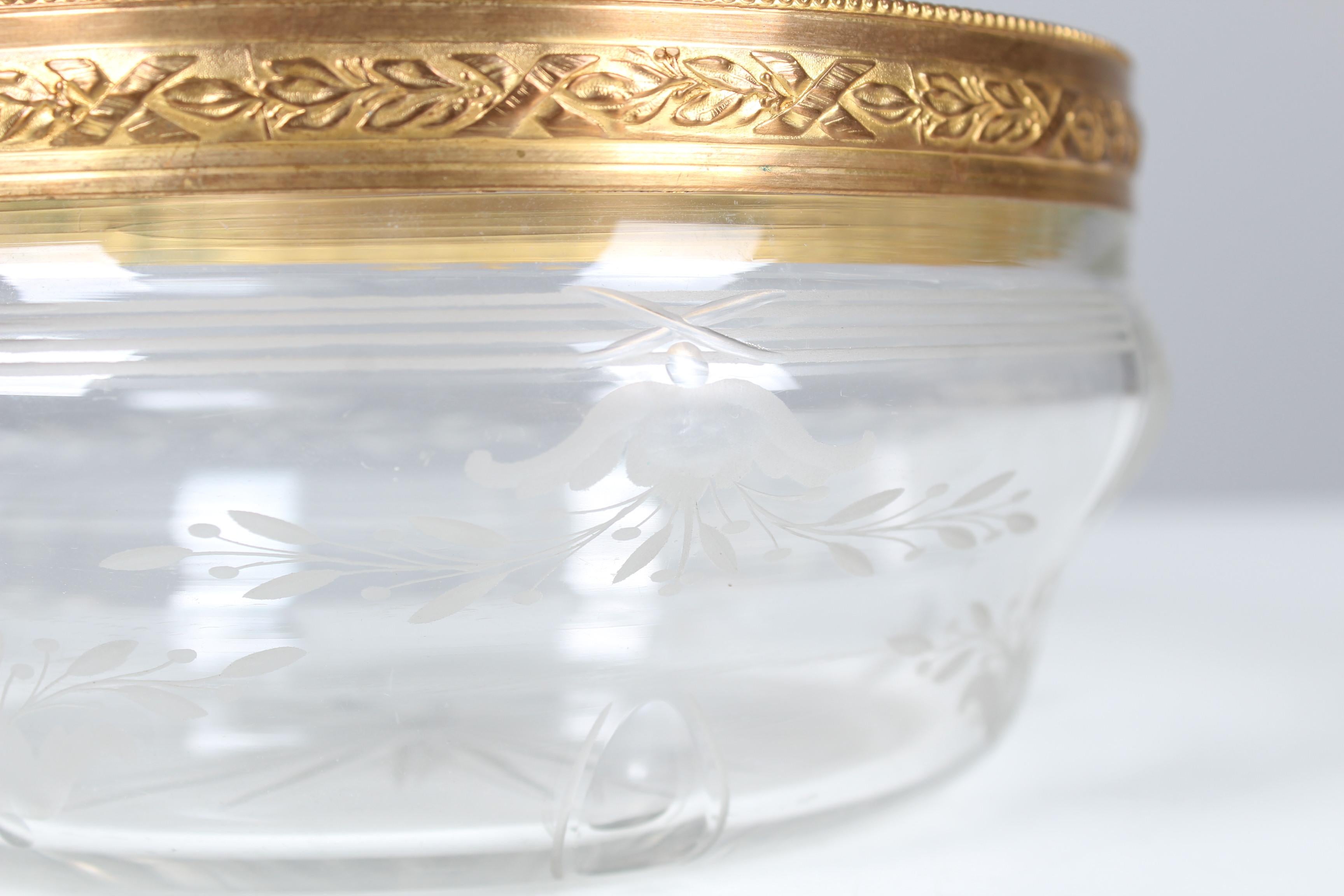 Engraved Antique Glass Bowl, France, Circa 1900, Brass And Beveled Glass Serving Bowl For Sale