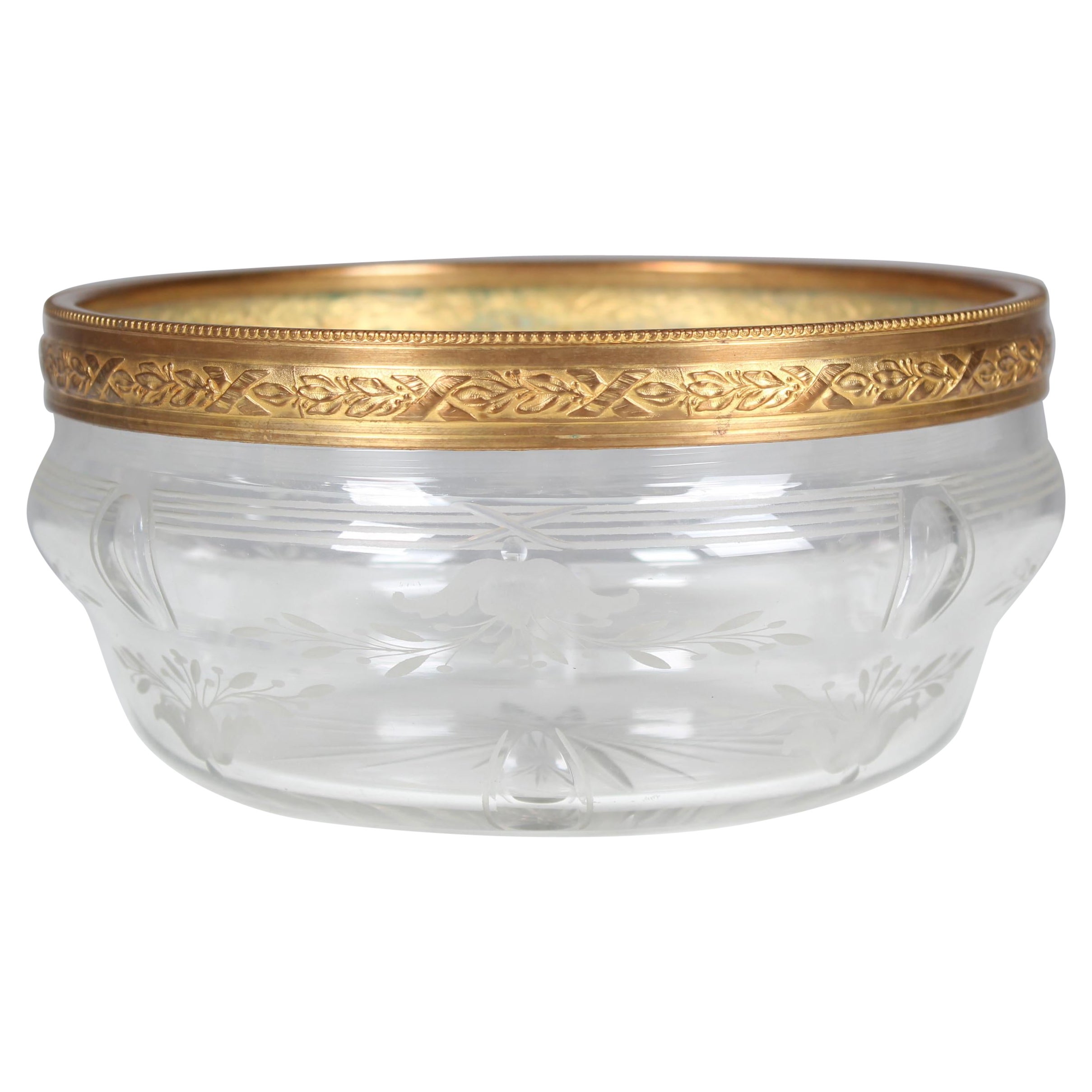 Bol en verre ancien, France, vers 1900, bol de service en laiton et verre biseauté