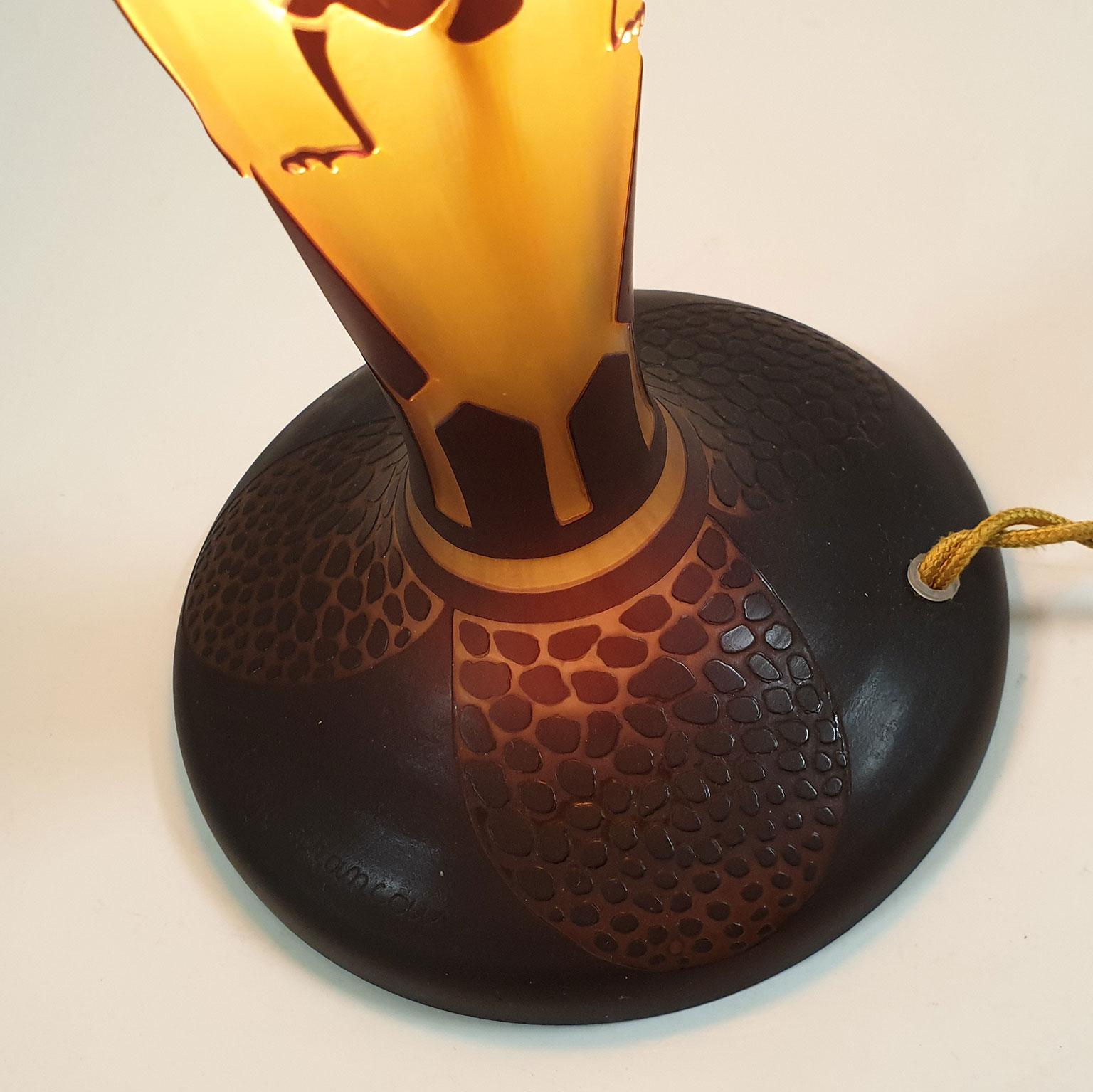 Art Deco Antique Glass, Brass and Iron Table Lamp by 