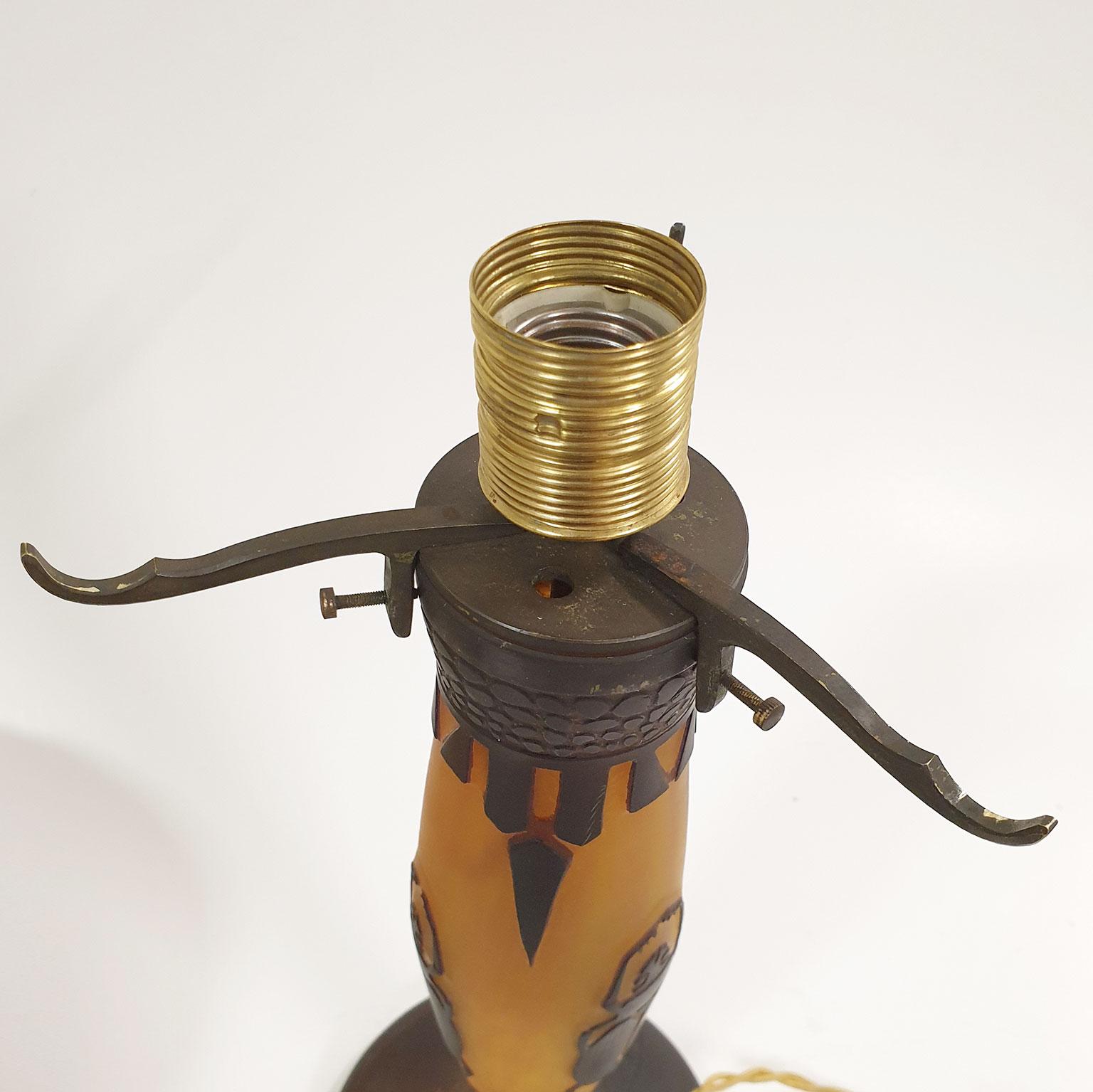Antique Glass, Brass and Iron Table Lamp by 