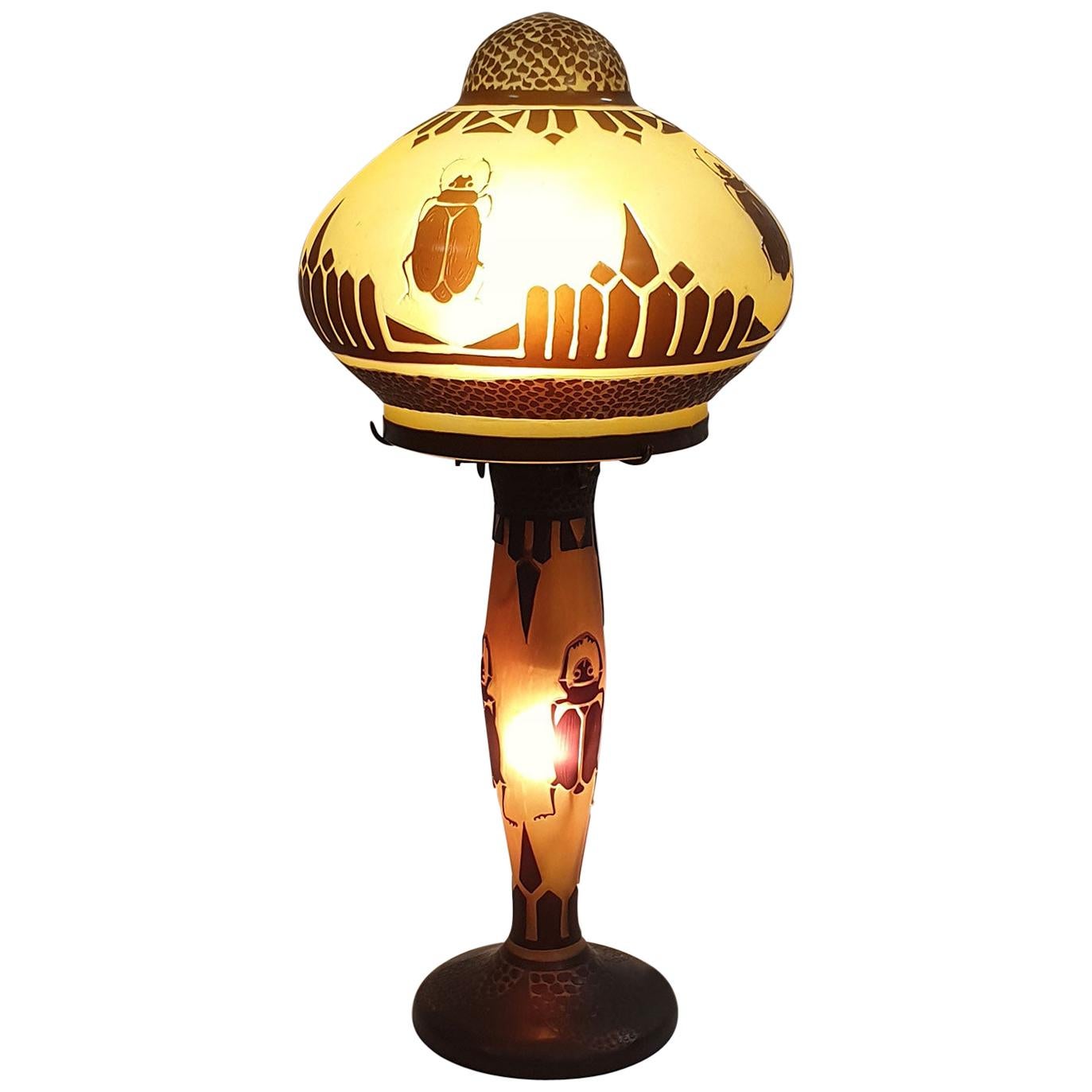 Antique Glass, Brass and Iron Table Lamp by "Le Verre Francais", France, 1920s For Sale