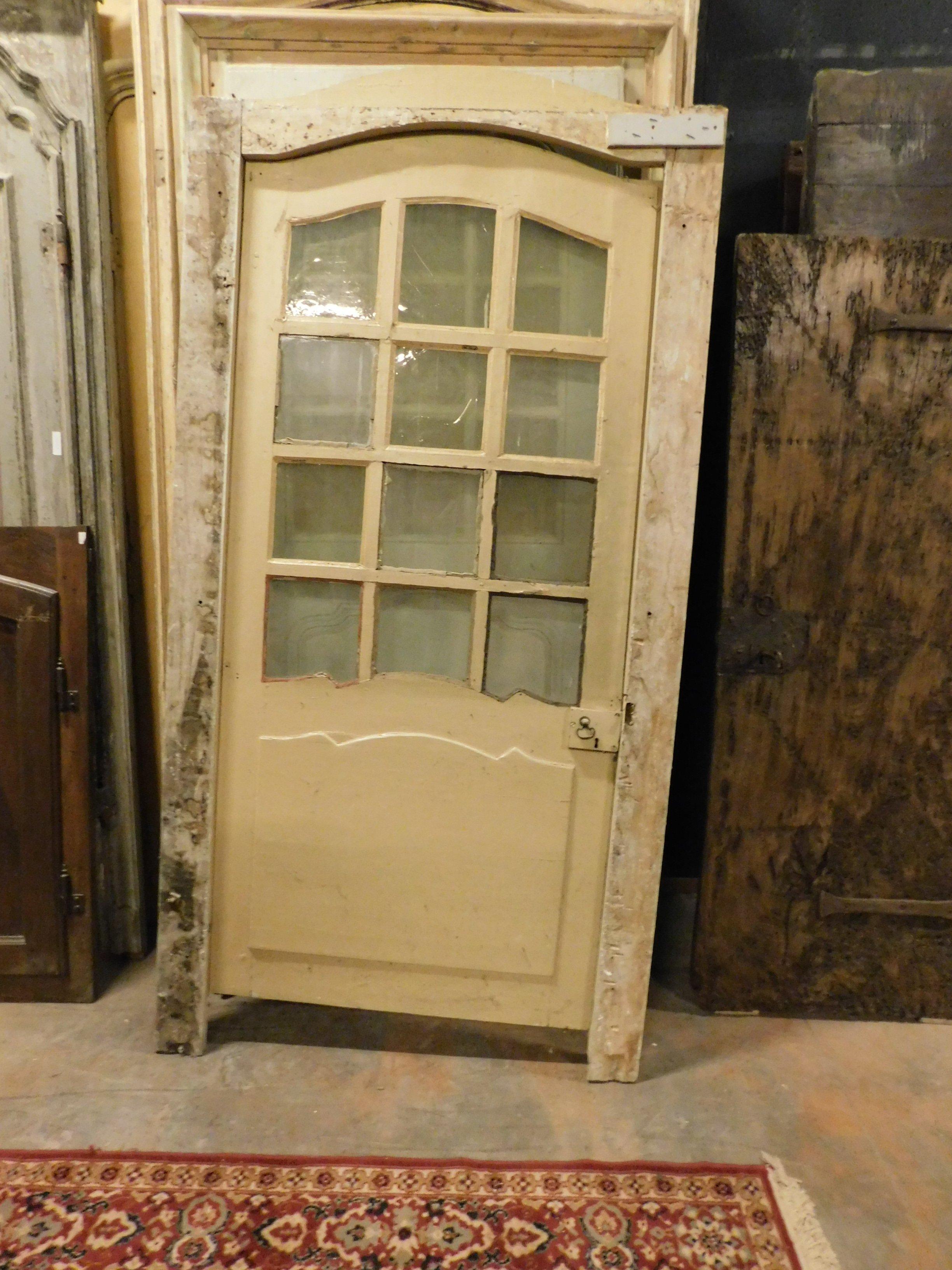 Hand-Painted Antique Glass Door, Wavy Frame, Yellow / Gray Lacquered, Late 18th Century Italy