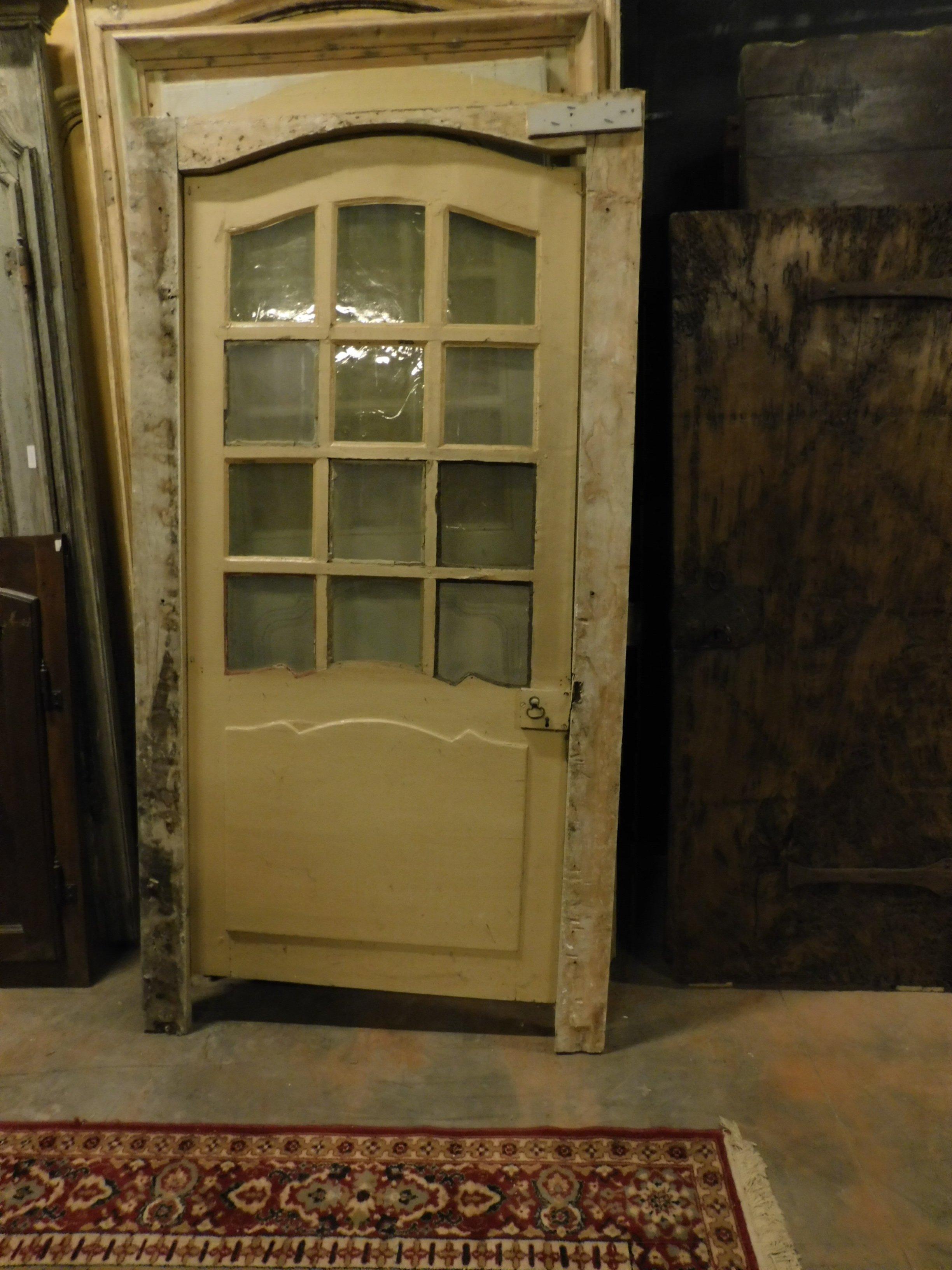Antique Glass Door, Wavy Frame, Yellow / Gray Lacquered, Late 18th Century Italy In Good Condition In Cuneo, Italy (CN)
