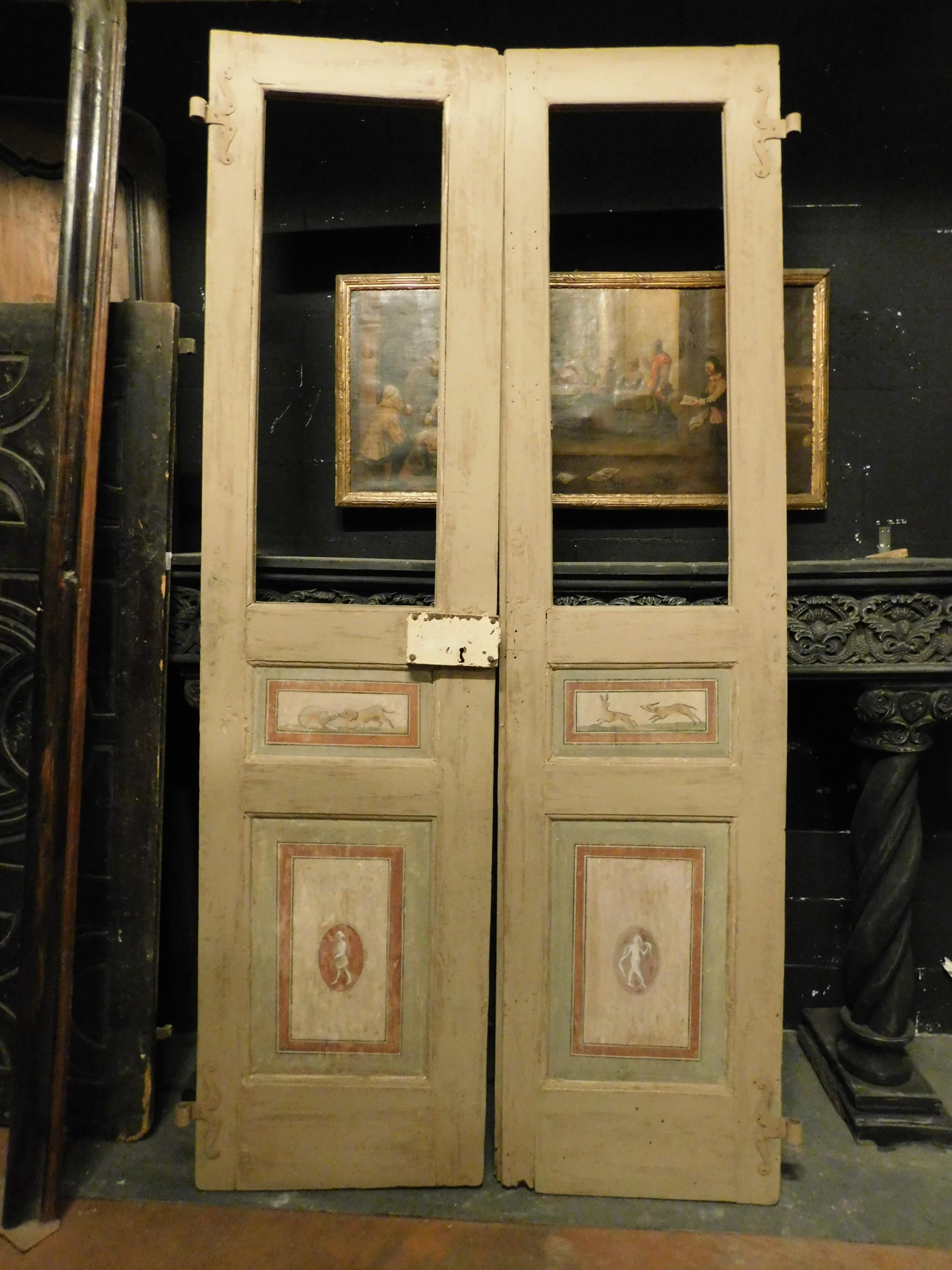 18th Century and Earlier Antique Glass Door with Two Wings with Original Painting, '700, Italy For Sale