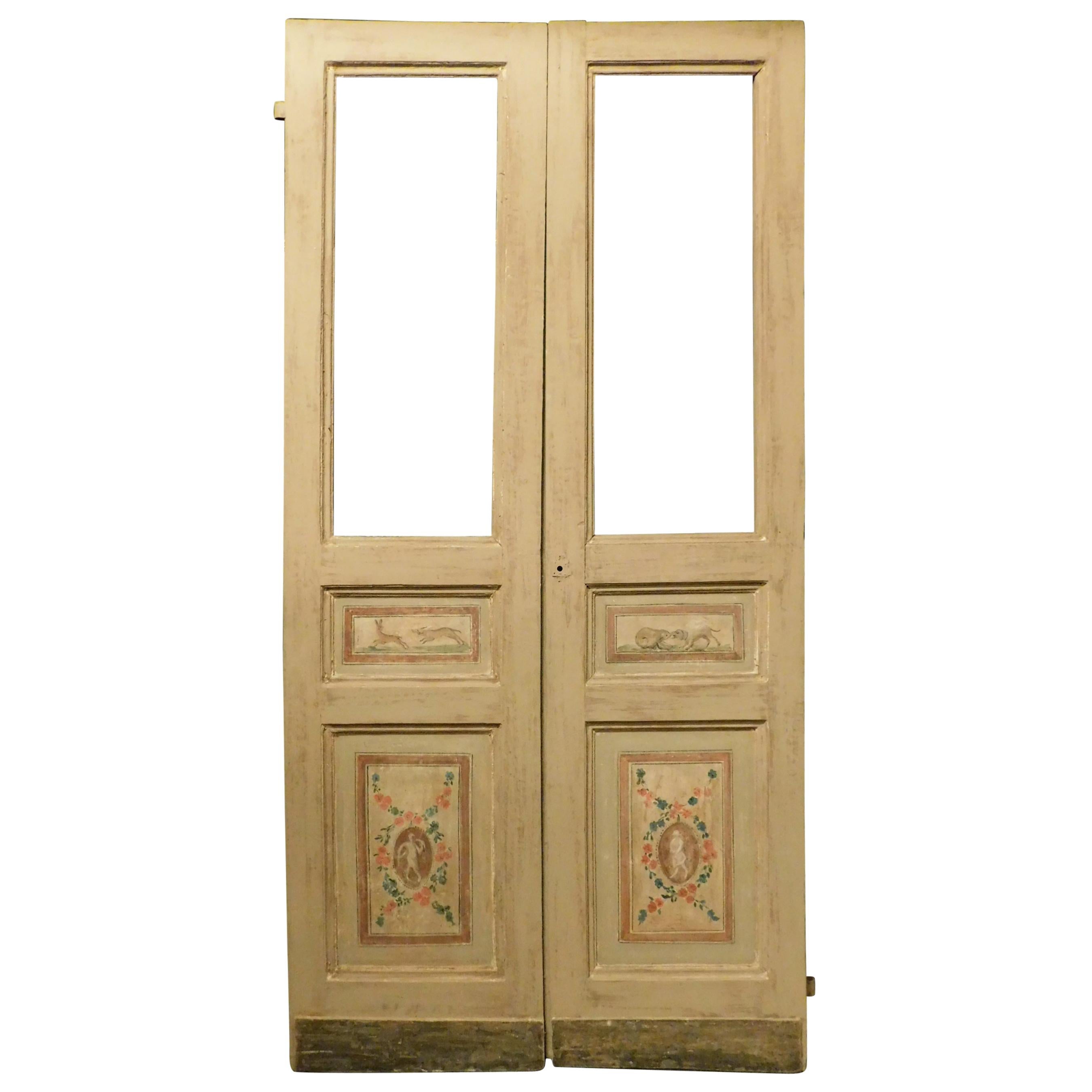 Porta antica in vetro a due ante con dipinto originale, '700, Italia