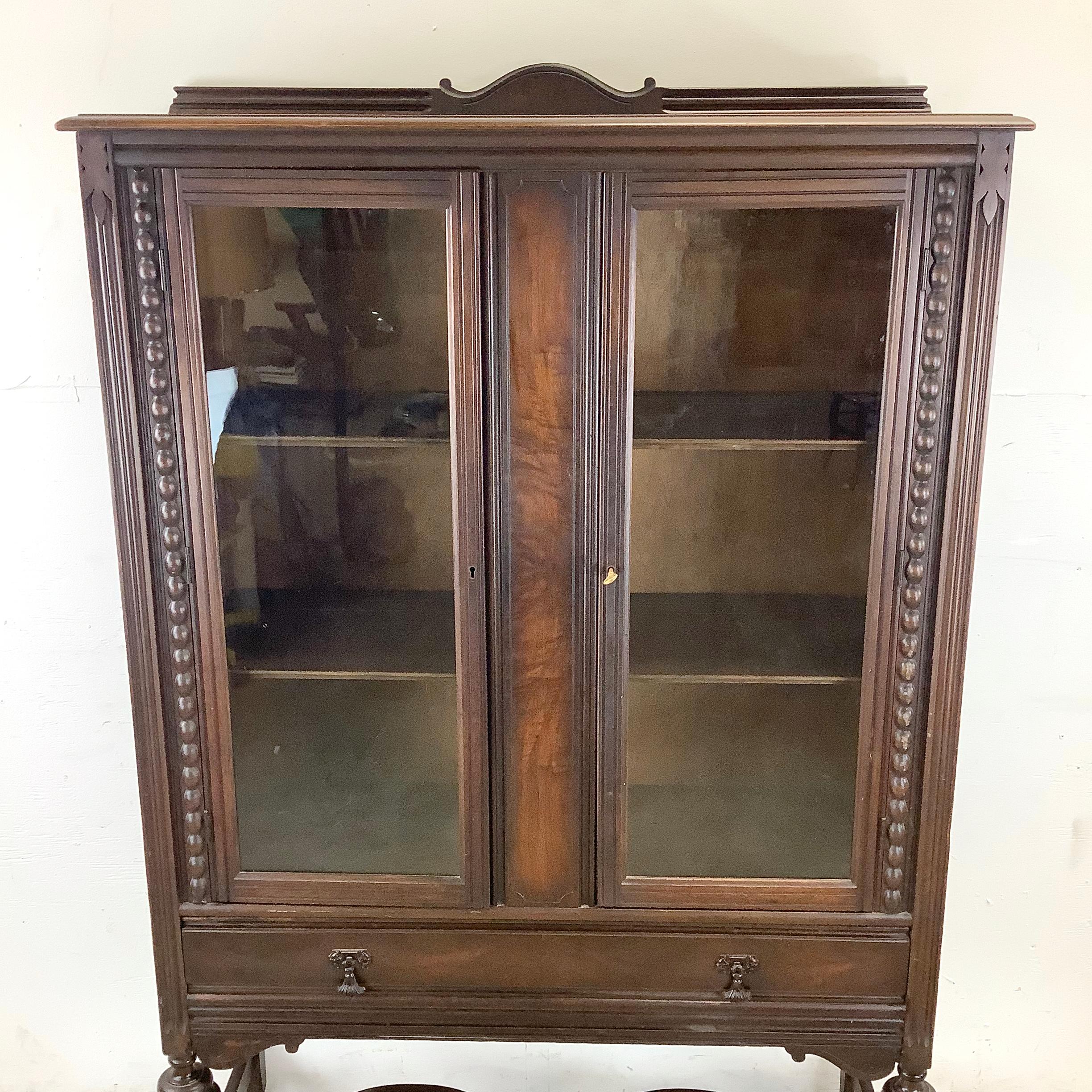Jacobean Antique Glass Front Bookcase Display Cabinet For Sale