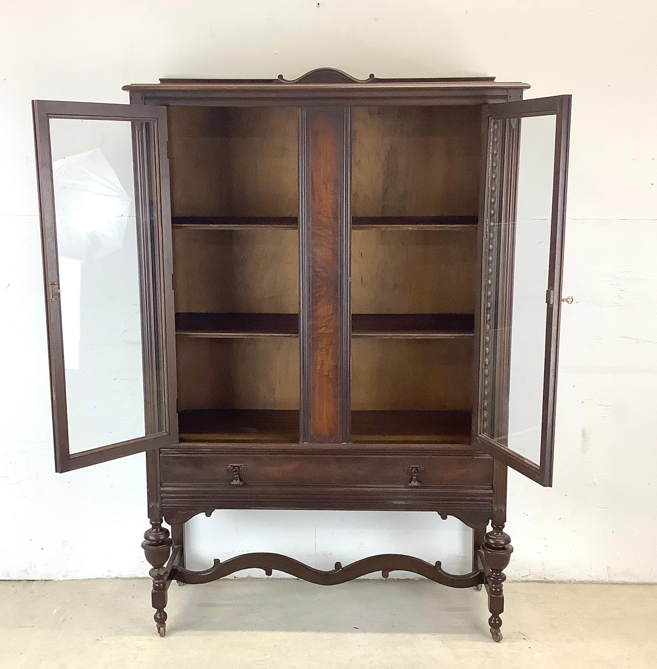 Wood Antique Glass Front Bookcase Display Cabinet For Sale