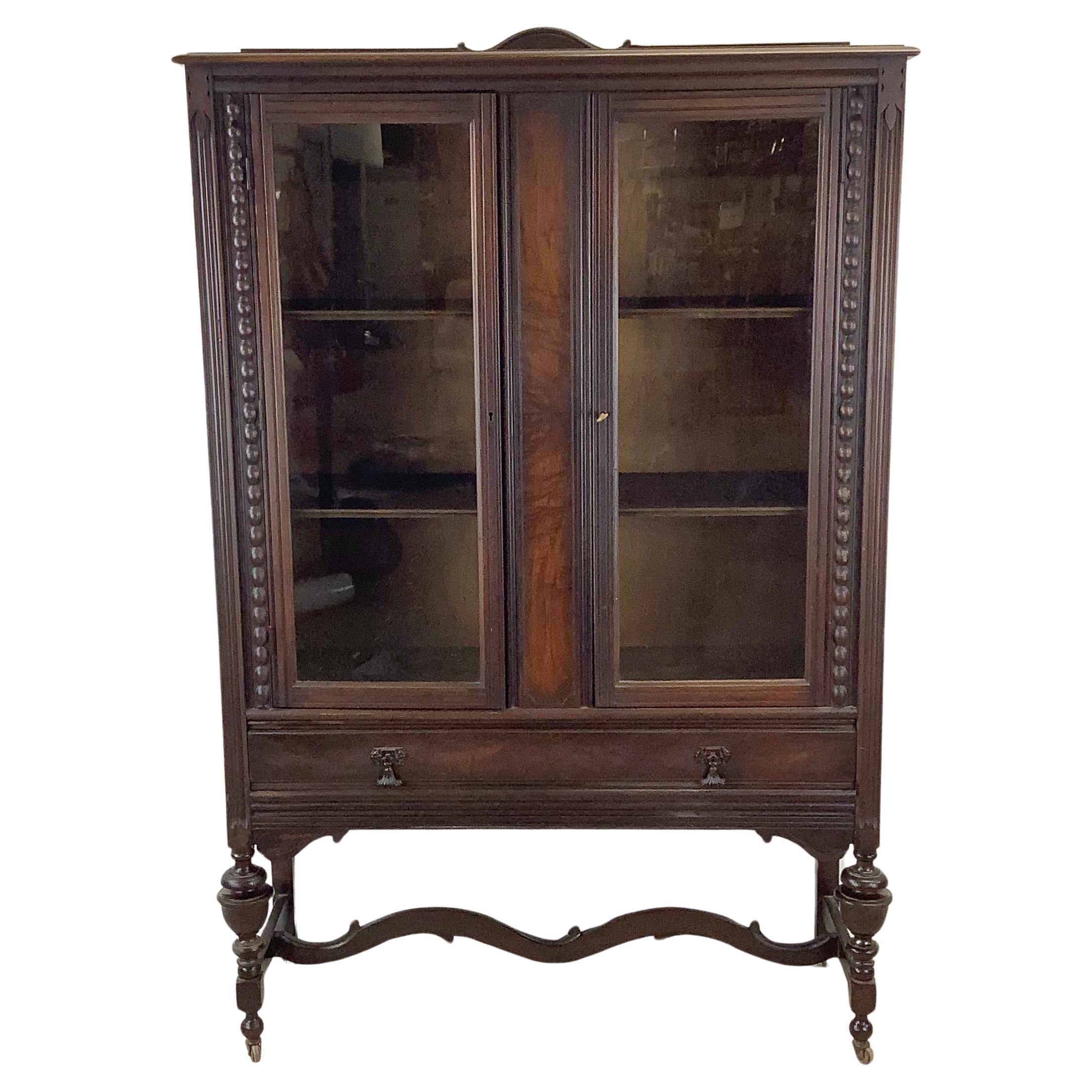 Antique Glass Front Bookcase Display Cabinet For Sale