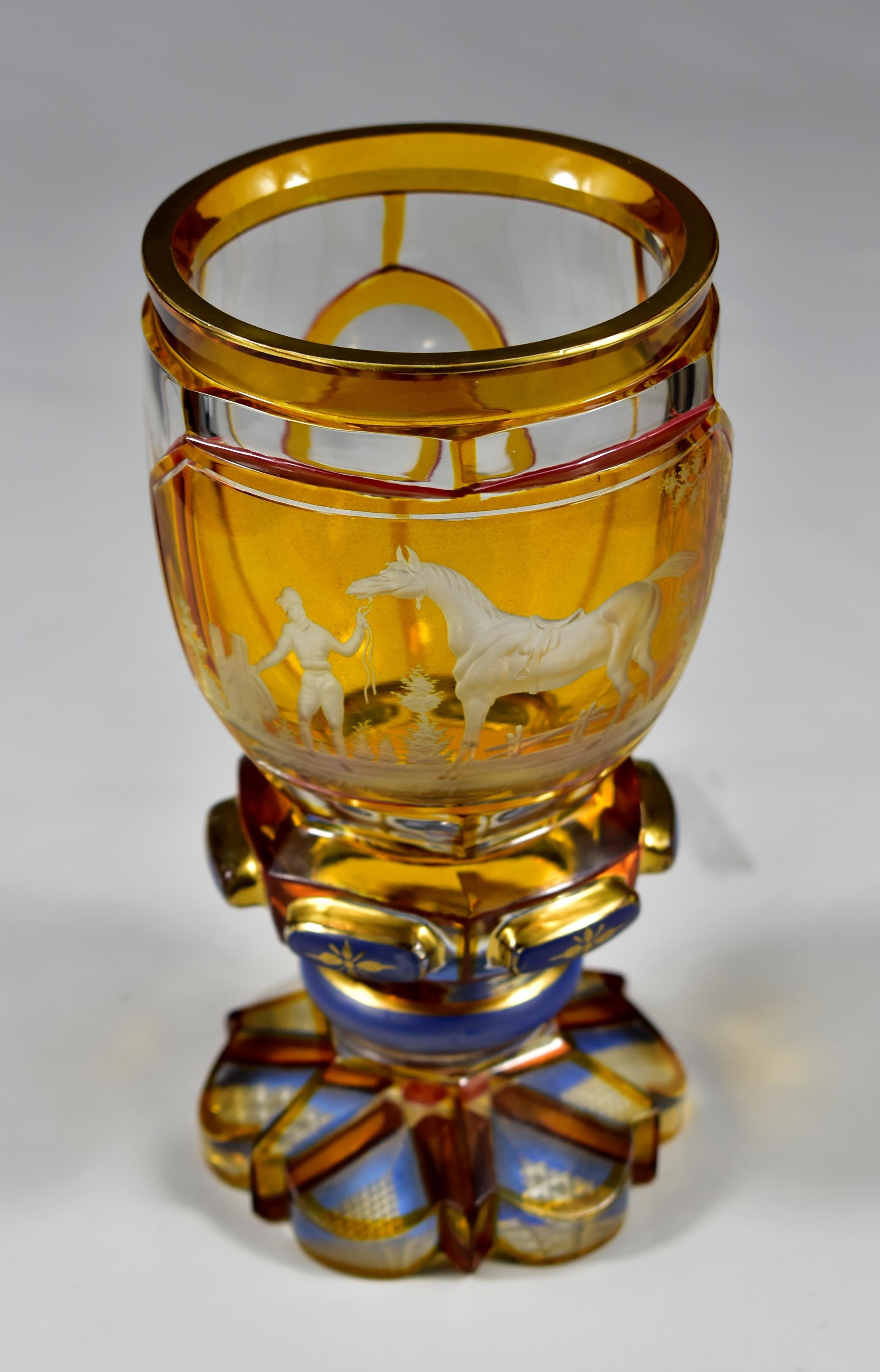 Fatto a mano Vetro antico Goblet- Ambra Lazure,  Cavallo e fantino incisi